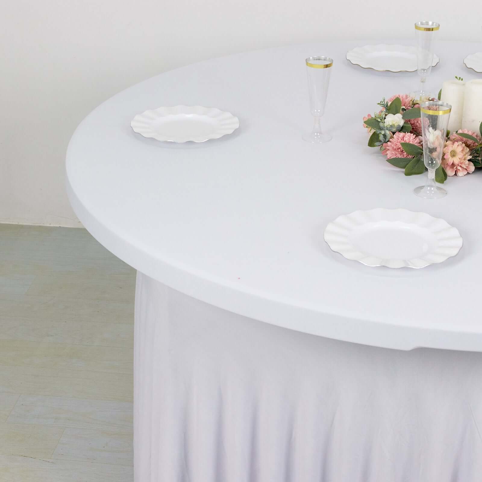 Hot! 6ft White Spandex Round Table Skirt with Wavy Effect for Weddings & Events