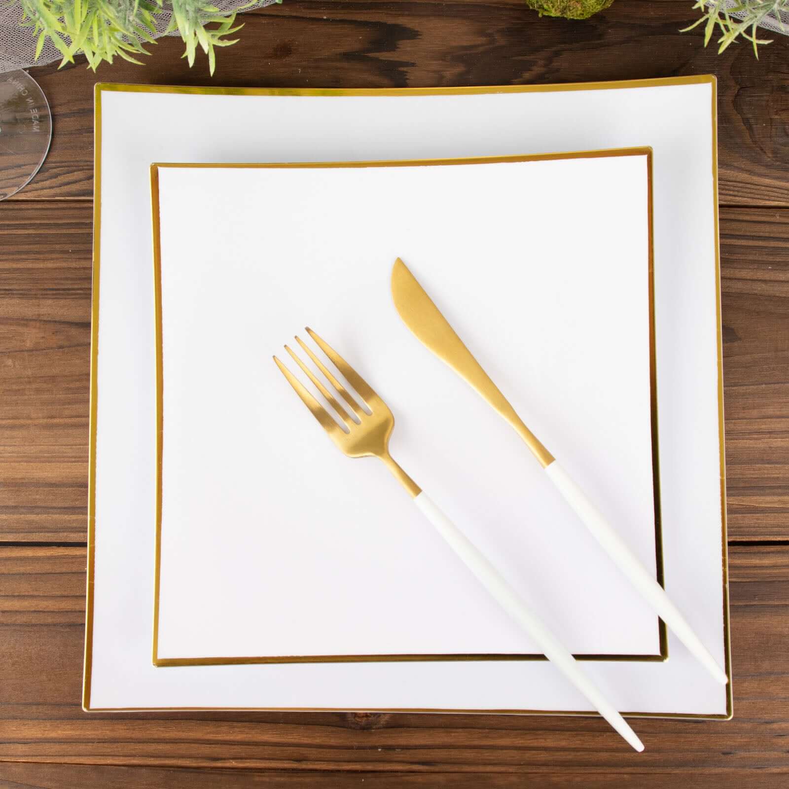 Hot Deal! 10-Pack White Concave Square Plastic Dessert Plates with Gold Rim - Ideal for Weddings & Special Events