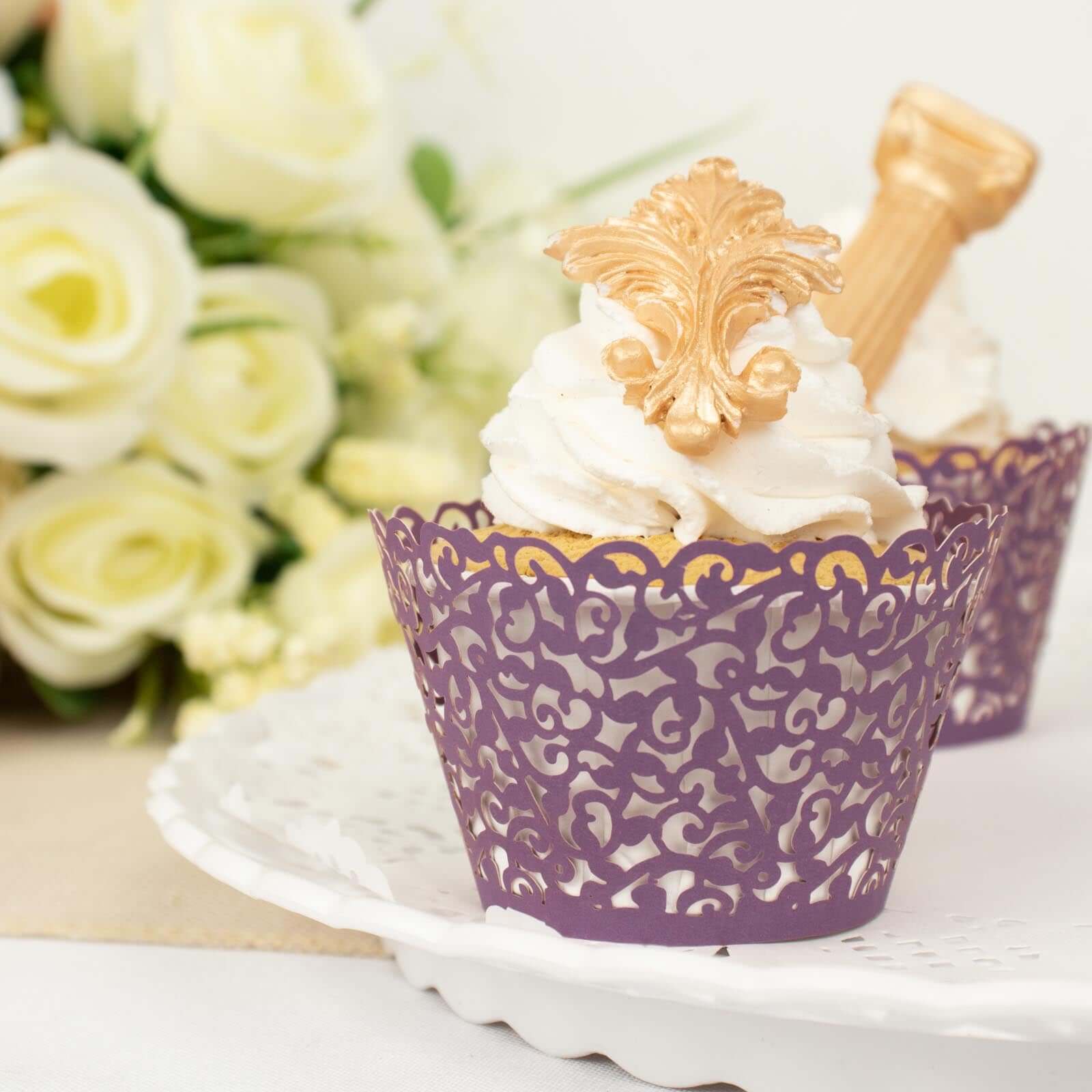 25-Piece Purple Lace Laser-Cut Paper Cupcake Wrappers for Event Baking