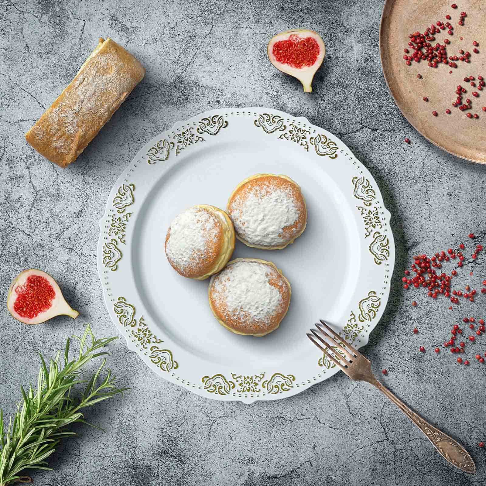 10-Pack White Plastic Round Appetizer Plates with Gold Embossed Scalloped Edge for Special Events