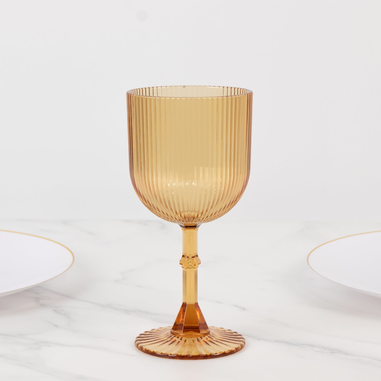 12-Pack Reusable 9oz Amber Gold Vintage Ribbed Plastic Wine Goblets - Shatterproof Glassware