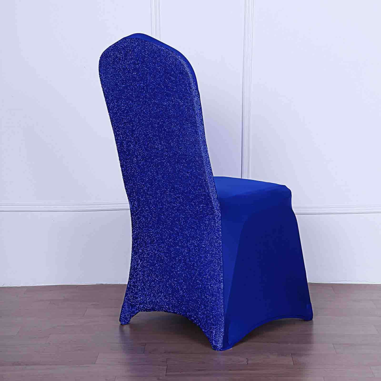 Fitted Royal Blue Spandex Chair Cover with Metallic Shimmer Tinsel Back for Banquets