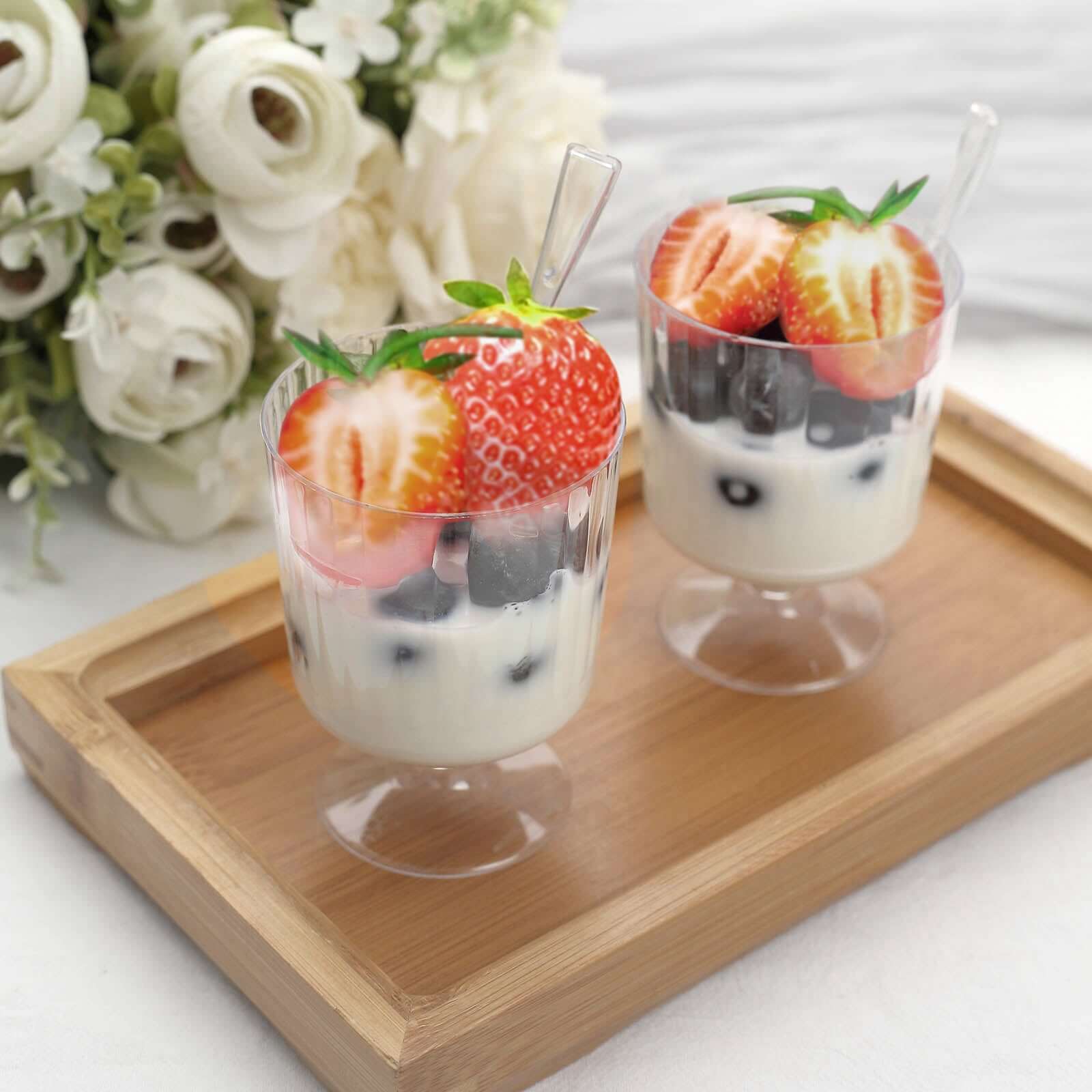 24-Pack Disposable 5oz Clear Plastic Dessert Cups with Ribbed Design and Pedestals, Spoon Set for Events