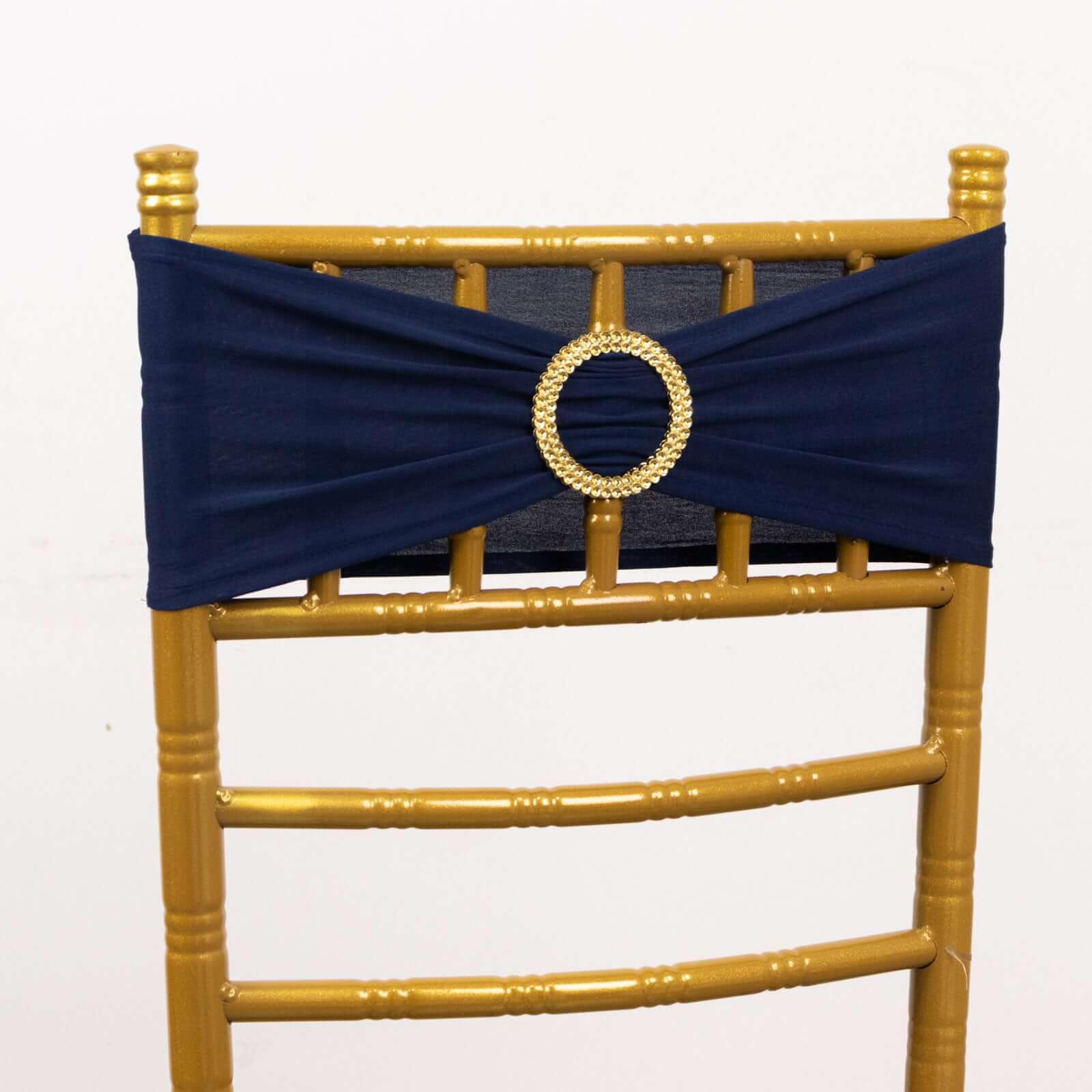 5-Piece Set of Navy Blue Spandex Chair Sashes with Gold Rhinestone Buckles - Reusable 4-Way Stretch Bands