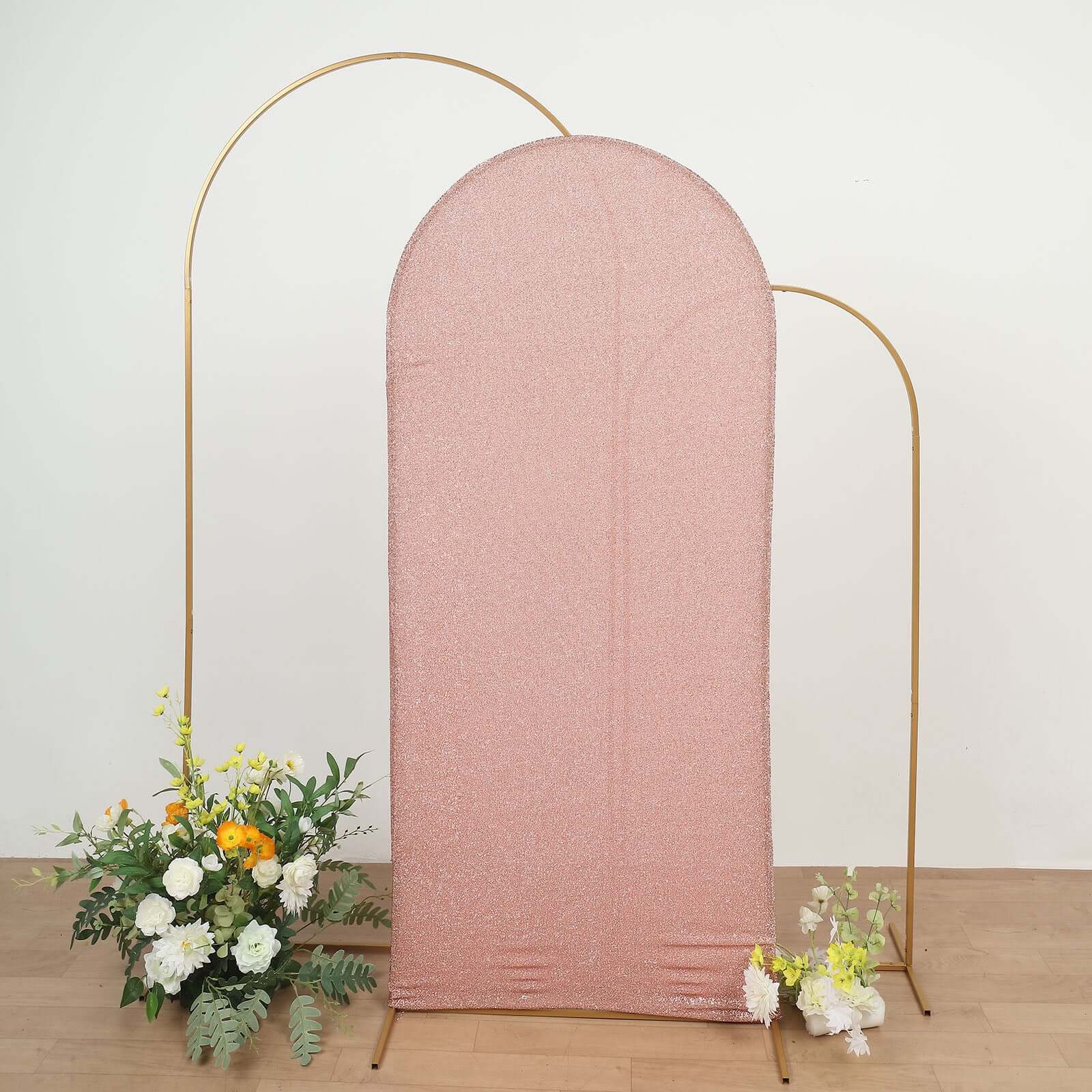 6ft Rose Gold Shimmer Tinsel Spandex Cover for Fitted Round Top Wedding Arch Stand