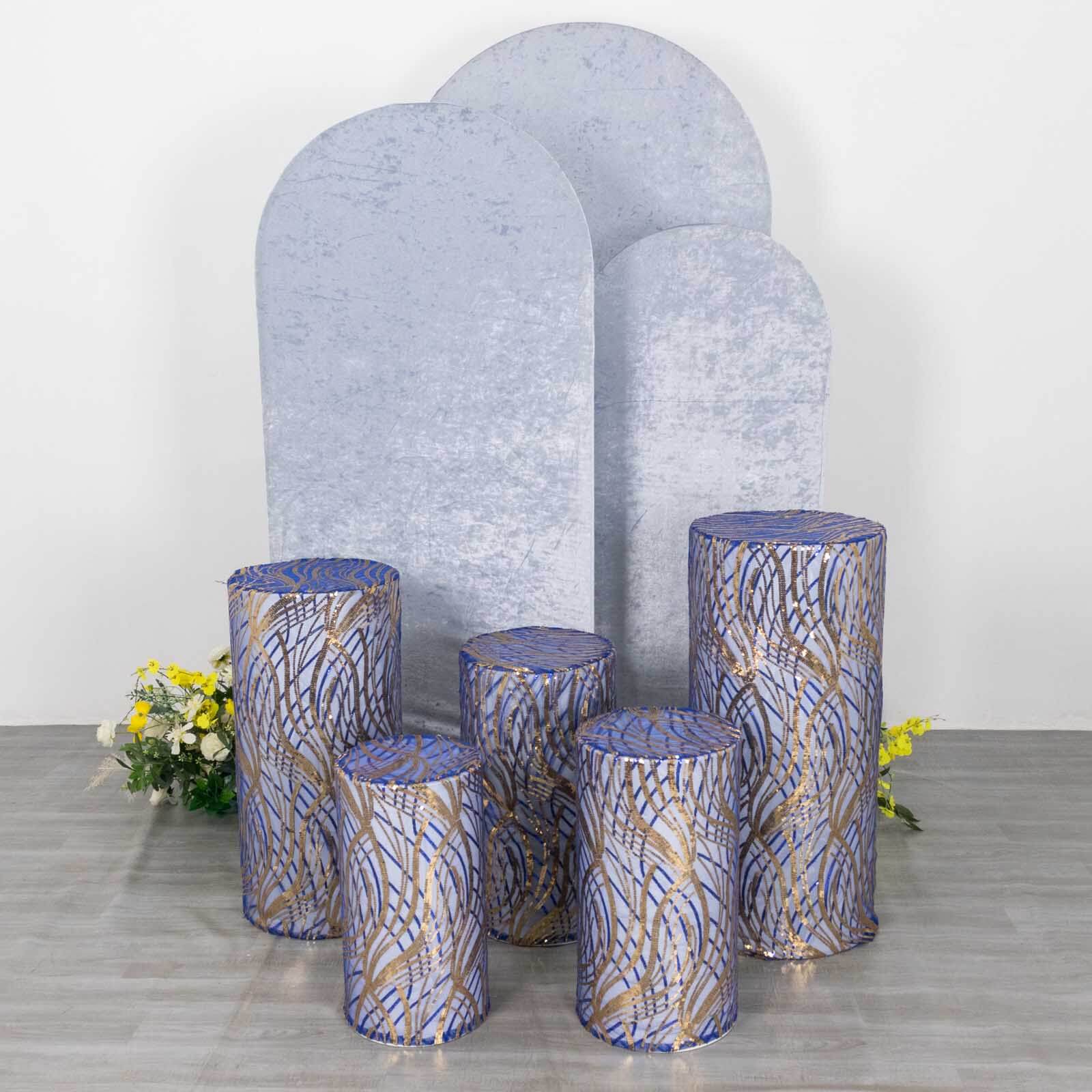 Hot Sale! Set of 5 Royal Blue Sequin Mesh Cylinder Pedestal Stand Covers with Wave Pattern