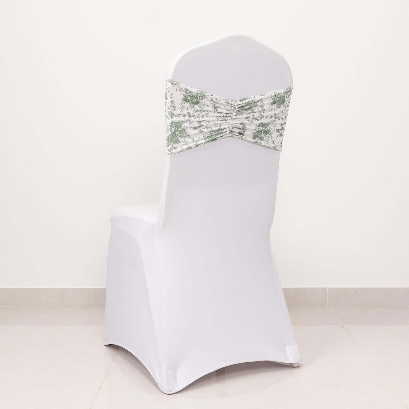 Hot Deal! 5-Pack Wrinkle-Free Spandex Chair Sashes in White and Dusty Sage Green with French Toile Floral Pattern
