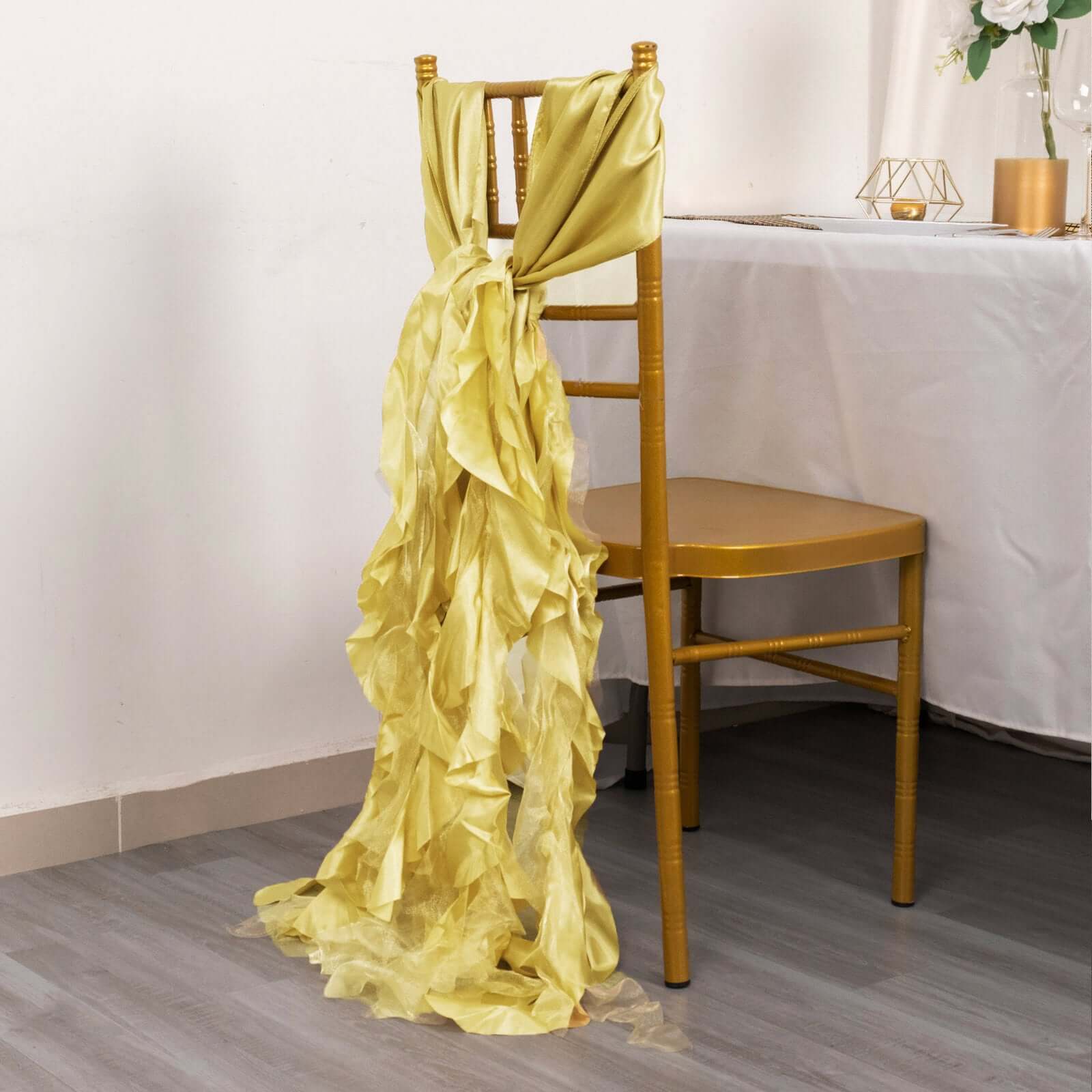 Hot Deal! 5-Piece Champagne Chiffon Satin Chair Sashes with Curly Willow Style