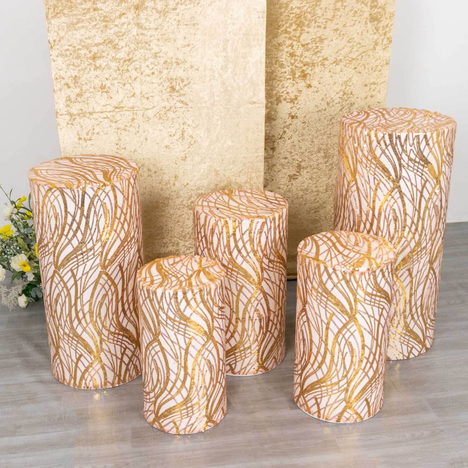 Set of 5 Rose Gold and Gold Sparkly Wave Sequin Mesh Cylinder Pedestal Stand Covers