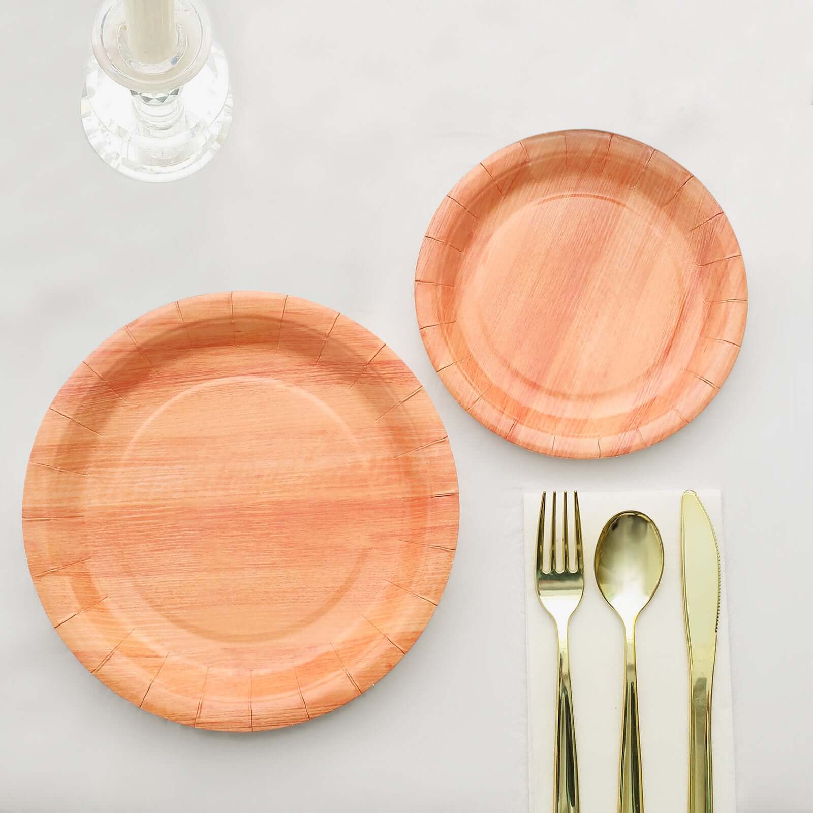 25-Pack 7-Inch Disposable Round Paper Dessert Plates with Natural Wood Grain Print for Rustic Events