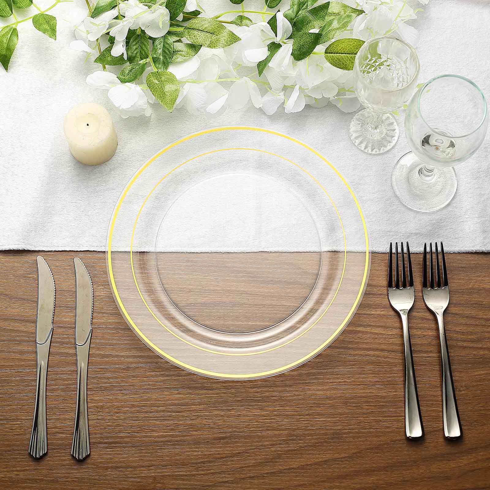 Hot Deal! 10-Pack of Clear Plastic Dinner Plates with Elegant Gold Rim - Ideal Disposable Party Plates (10-inch)