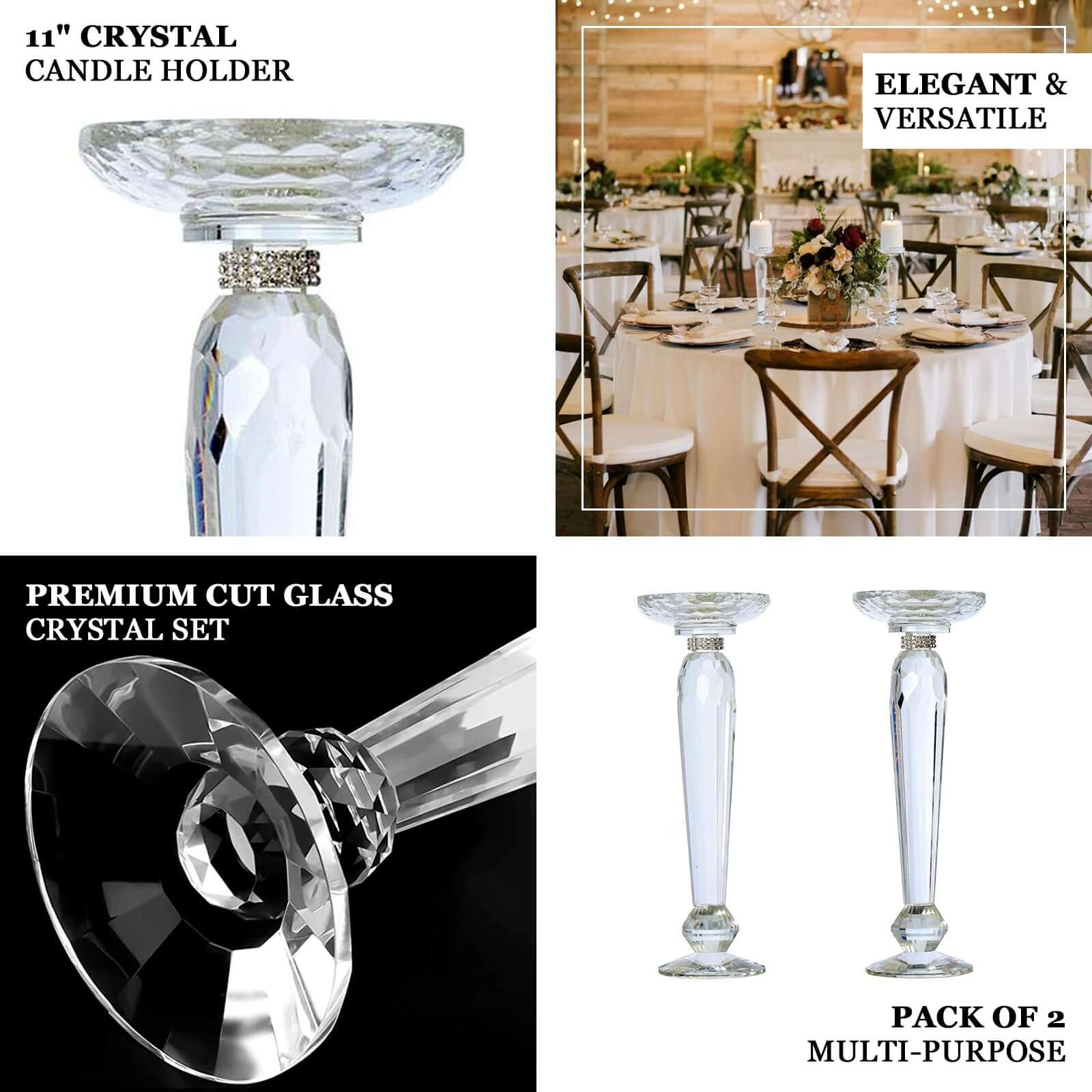2-Pack 11-Inch Cut Crystal Glass Pillar Candle Holders for Decorative Use