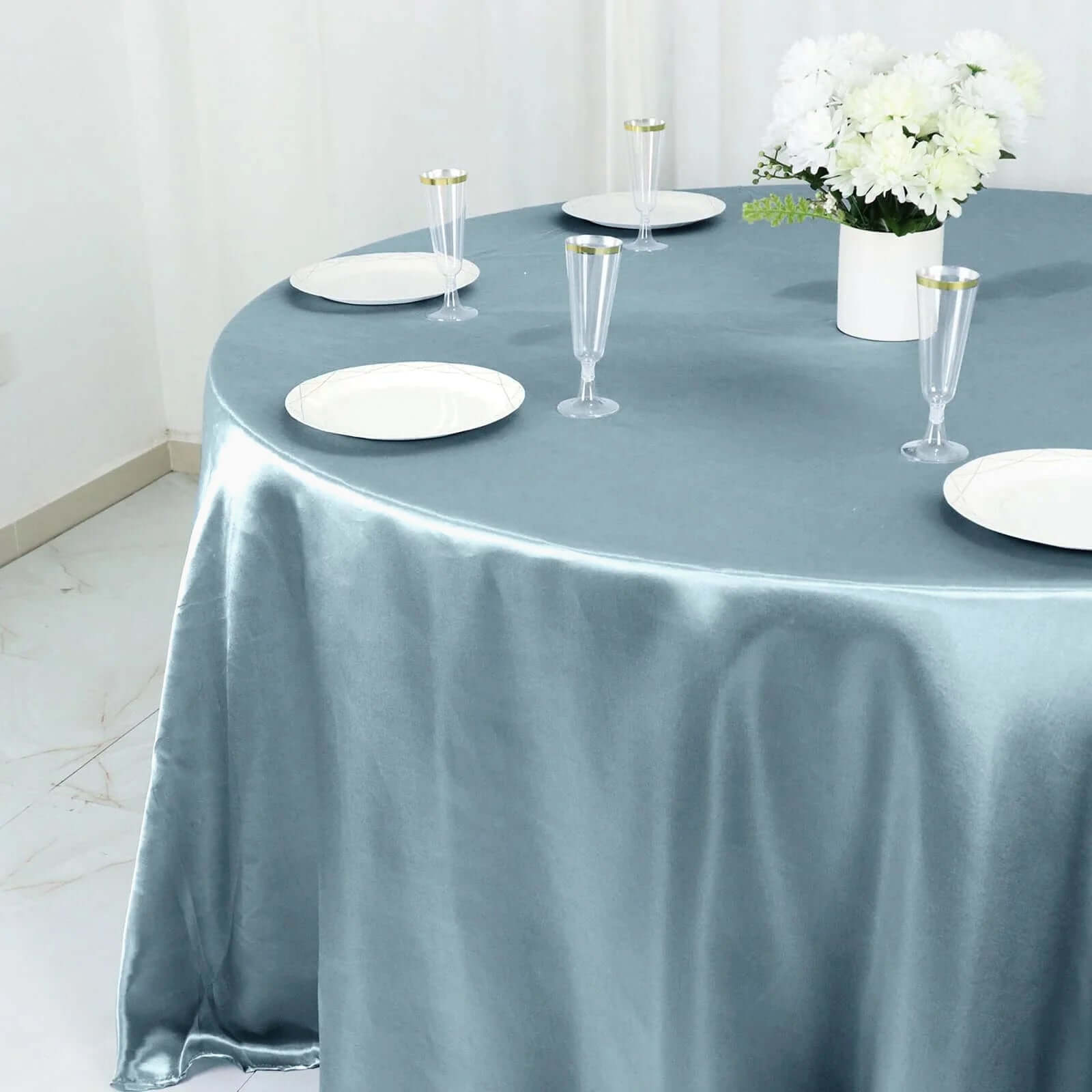 Stylish Seamless Dusty Blue Satin 132-Inch Round Tablecloth