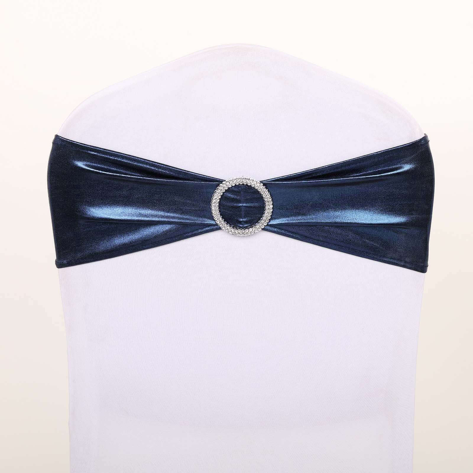 5-Pack Navy Blue Metallic Spandex Chair Sashes with Round Diamond Plastic Buckles - Ideal for Decor