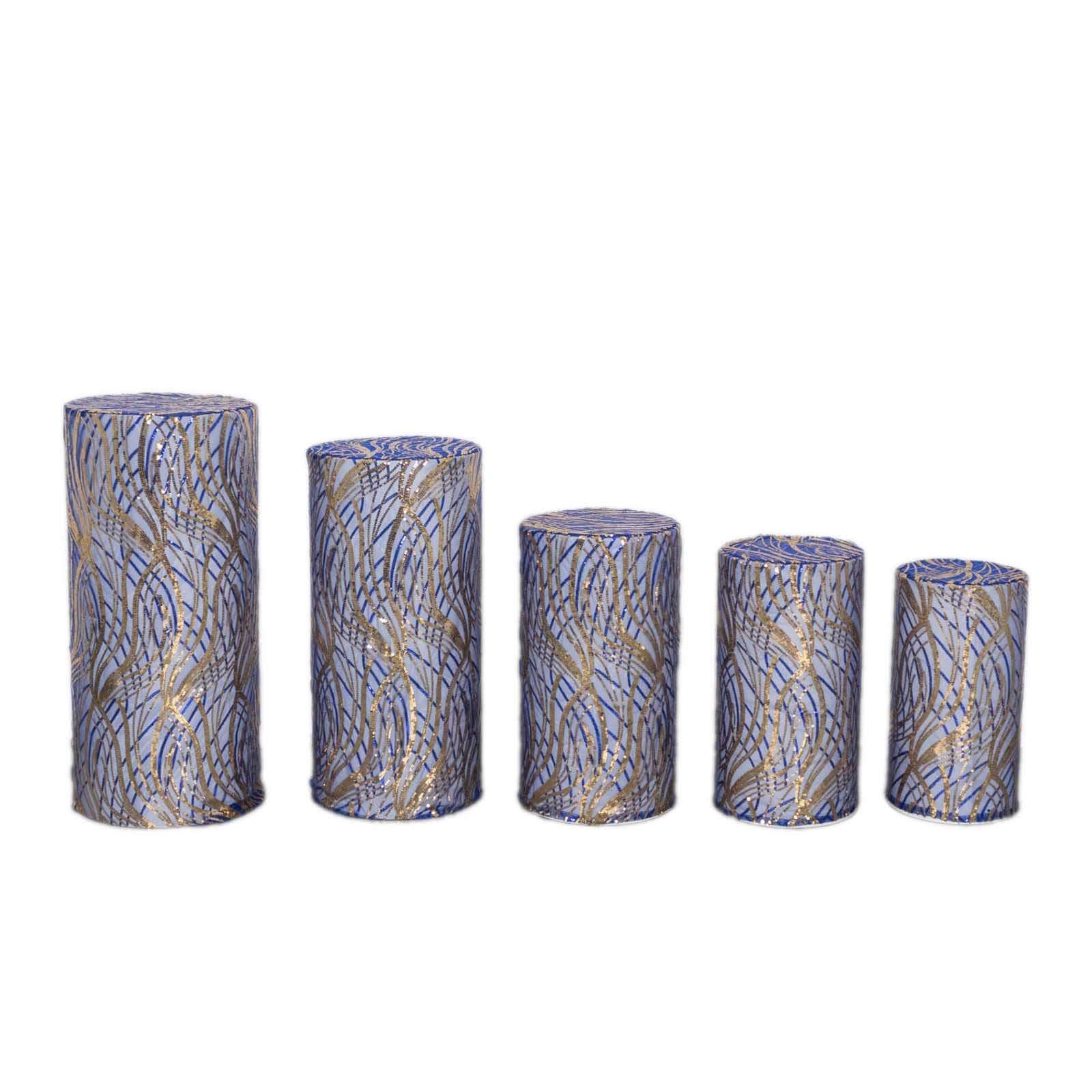Hot Sale! Set of 5 Royal Blue Sequin Mesh Cylinder Pedestal Stand Covers with Wave Pattern