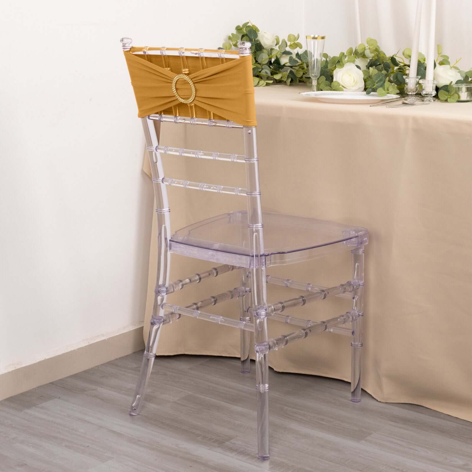 5-Piece Gold Spandex Chair Sashes with Sparkling Gold Rhinestone Buckles - Reusable 4-Way Stretch for Elegant Weddings and Parties