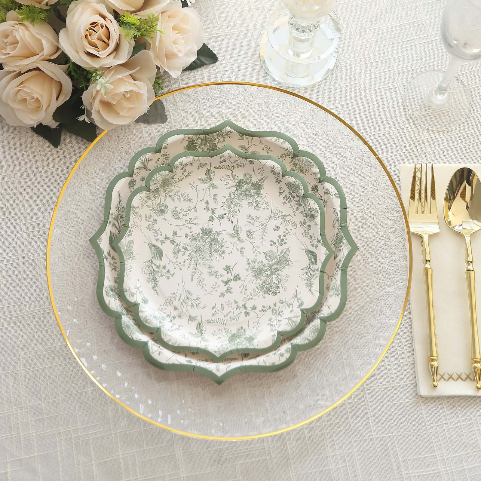 25-Piece Disposable White & Sage Green French Toile 8-Inch Round Dessert Plates for Stylish Tables