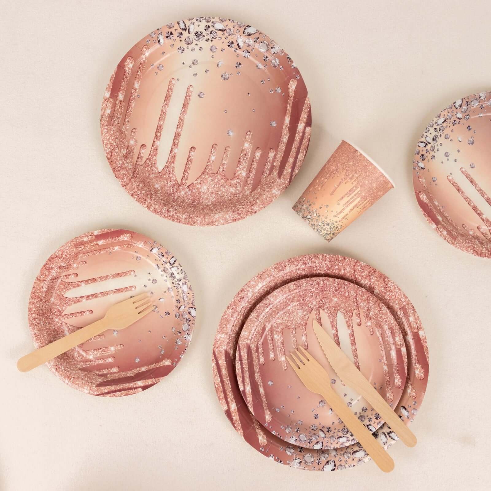Hot Sale! 72-Piece Disposable Paper Dinnerware Set in Rose Gold with Diamond Glitter Drip Pattern