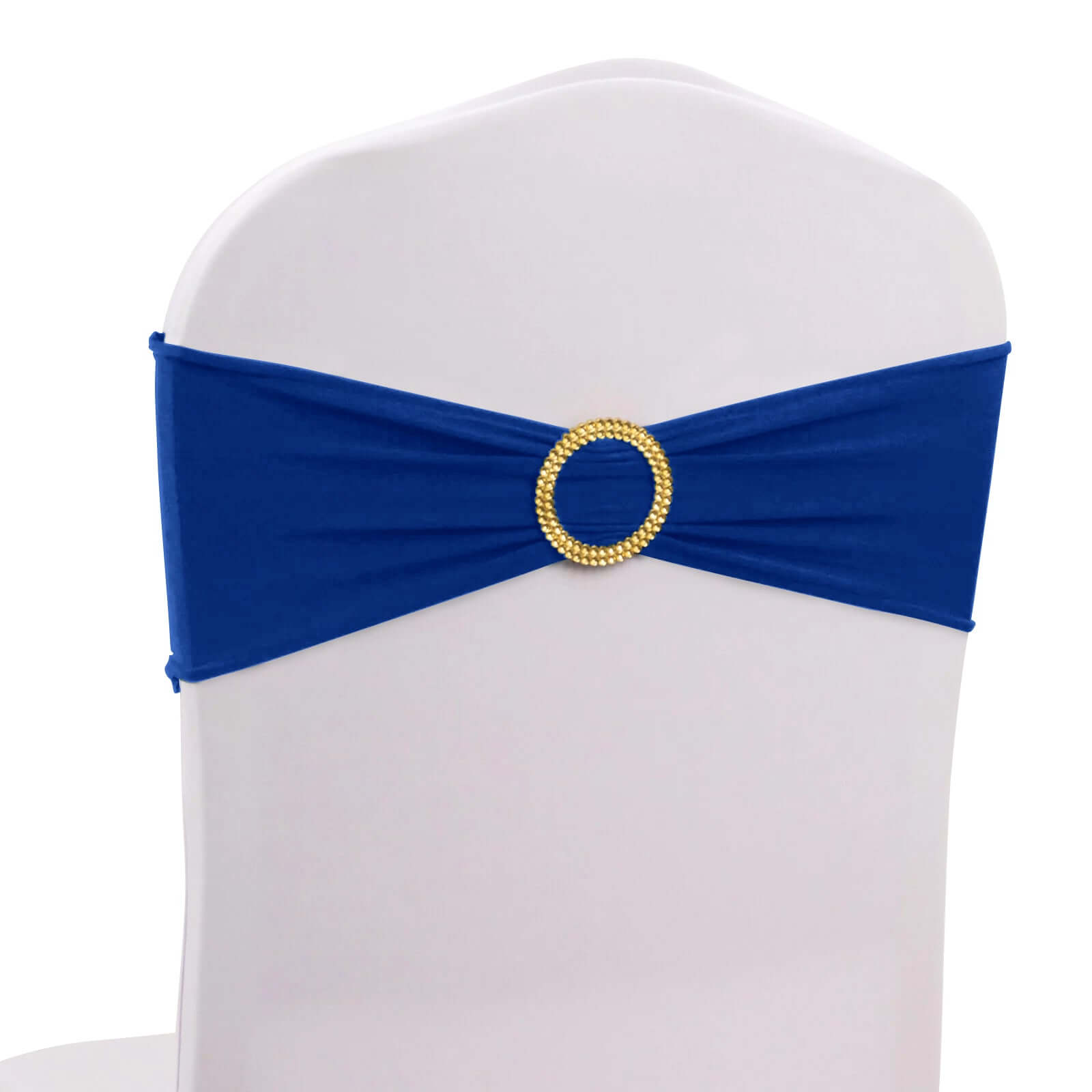 Royal Blue Spandex Chair Sashes with Gold Rhinestone Buckles - 5 Pack, Reusable & Four-Way Stretch