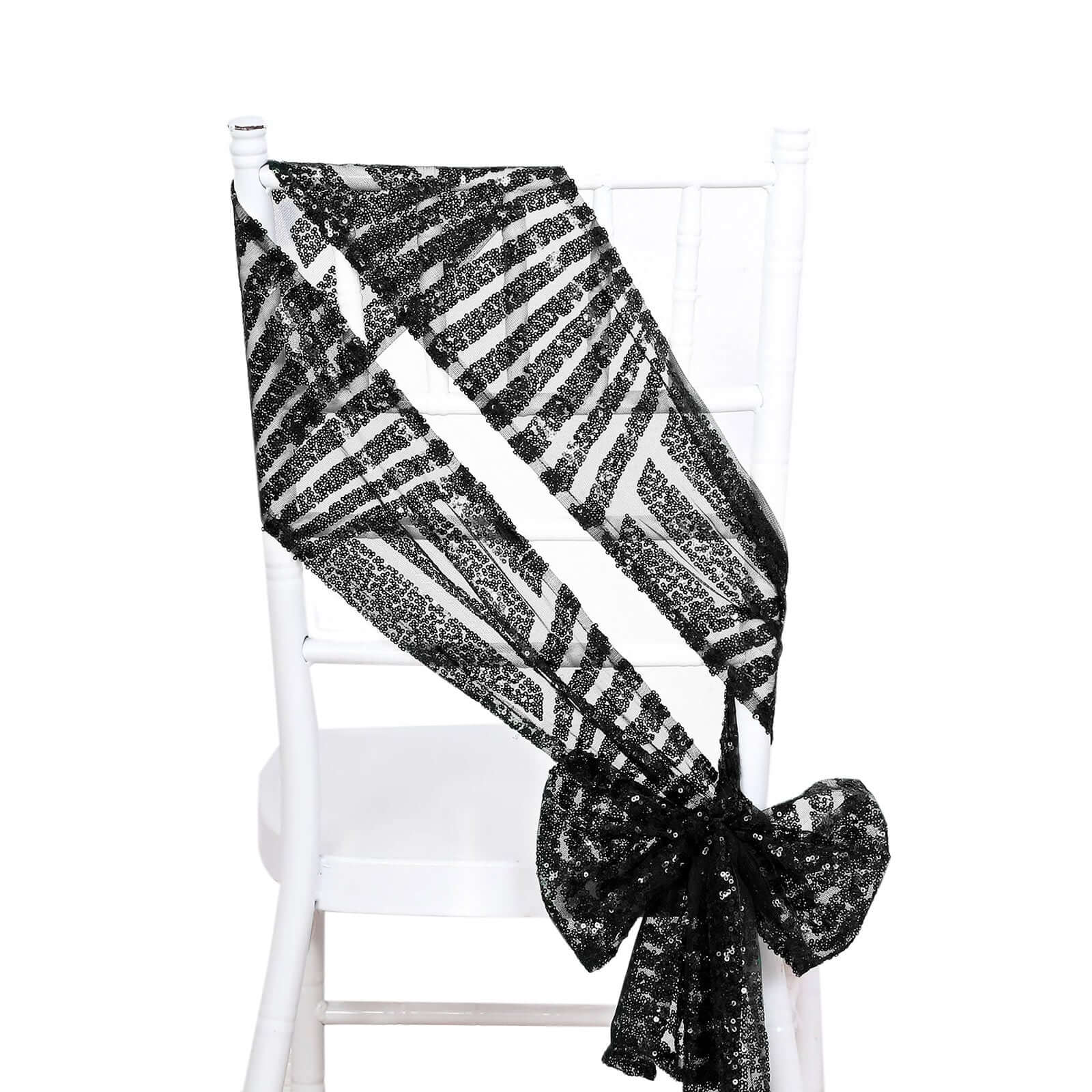 Hot Deal! 5-Pack Black Glittery Sequin Chair Sashes with Geometric Diamond Design for Weddings