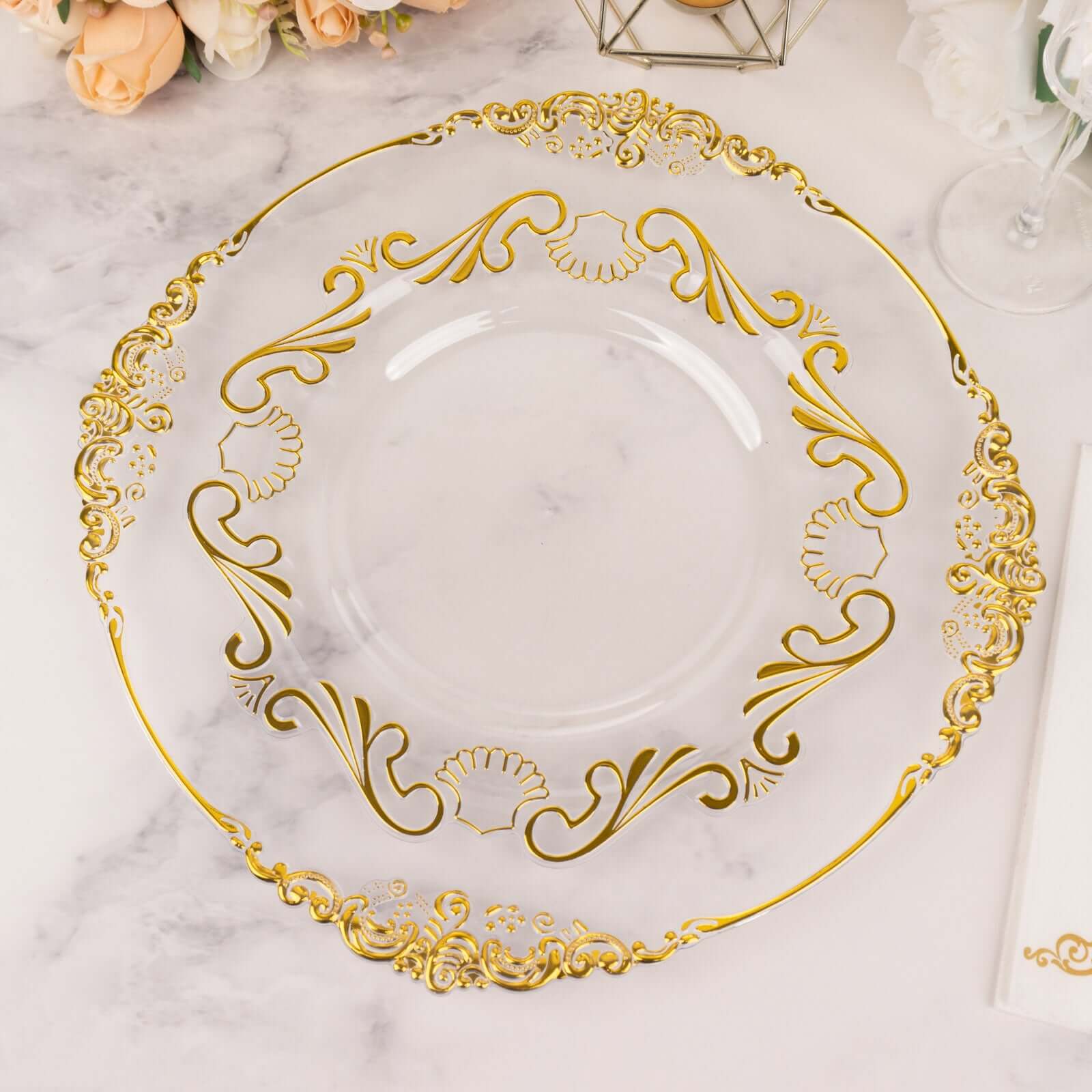 10-Pack Clear Plastic Round Dinner Plates with Gold Vintage Baroque Scalloped Rim - Ideal for Parties