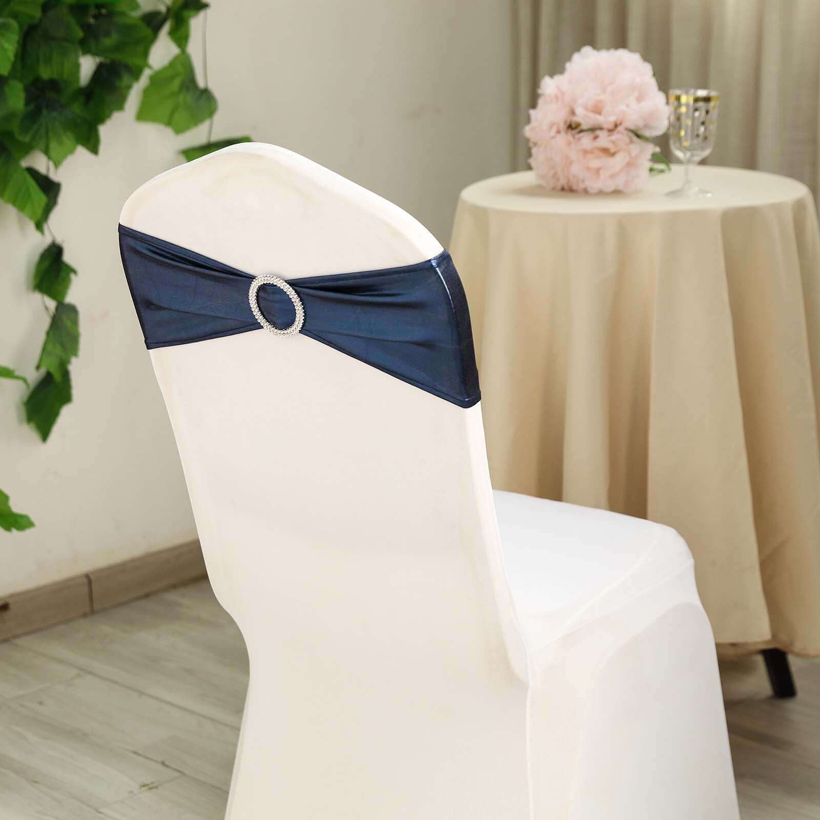 5-Pack Navy Blue Metallic Spandex Chair Sashes with Round Diamond Plastic Buckles - Ideal for Decor