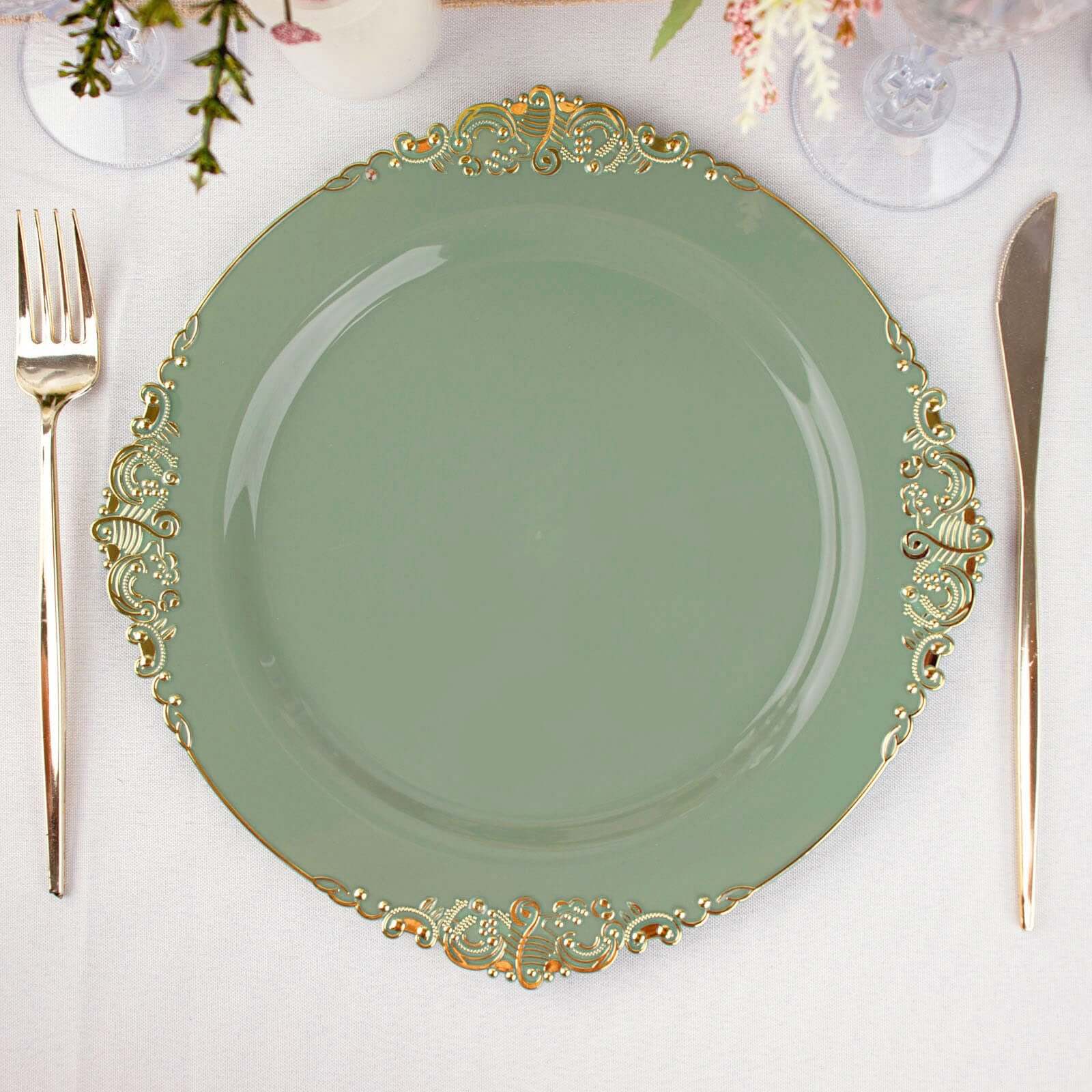 10-Pack Disposable Round Plastic Dinner Plates in Dusty Sage Green with Gold Leaf Embossed Rim - Vintage Baroque Style