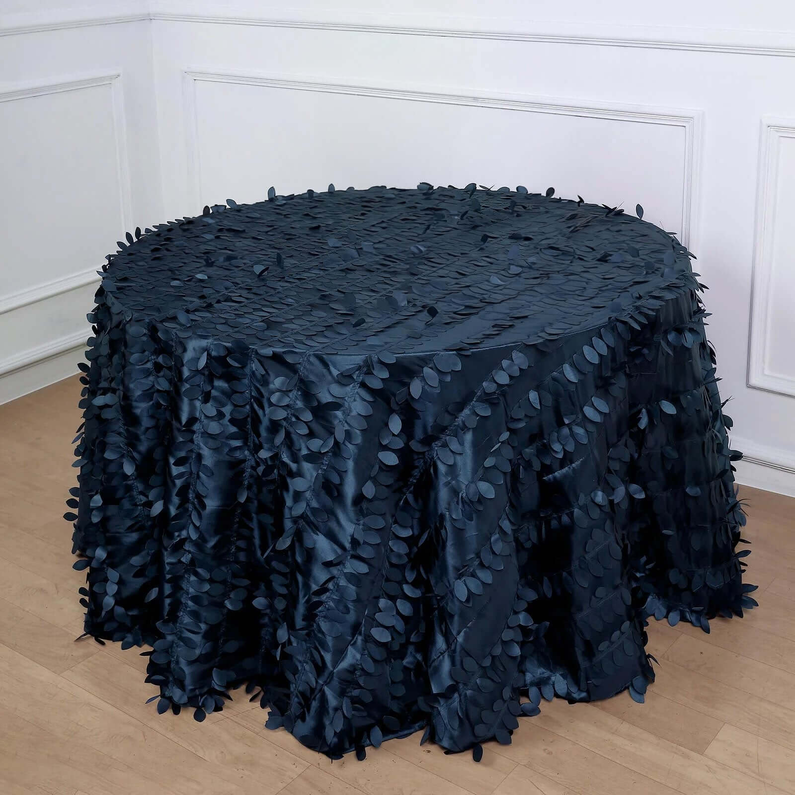 Navy Blue 120" Round Taffeta Tablecloth with Stunning 3D Leaf Petal Design