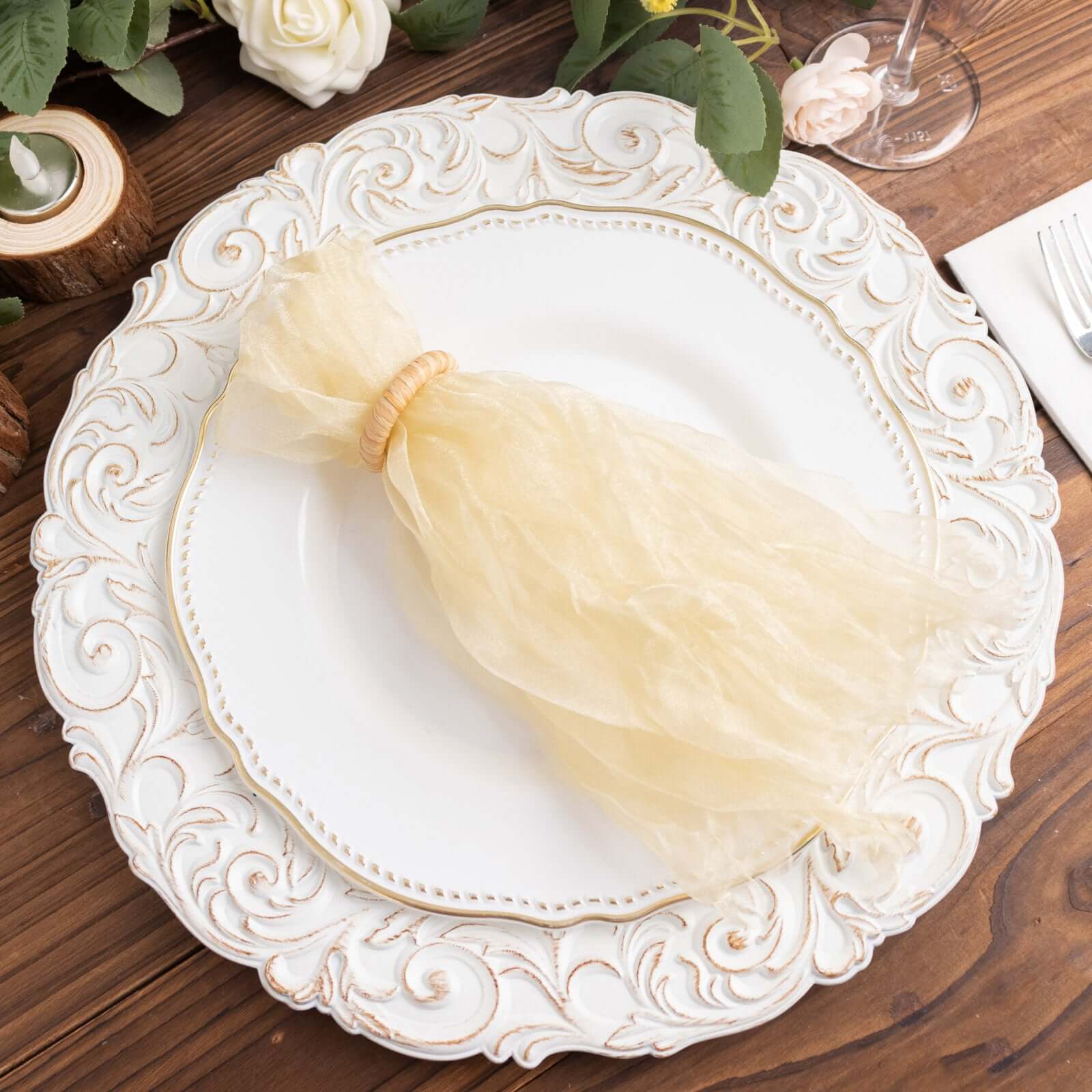 5-Pack Champagne Crinkled Organza Dinner Napkins for Rustic Parties and Weddings