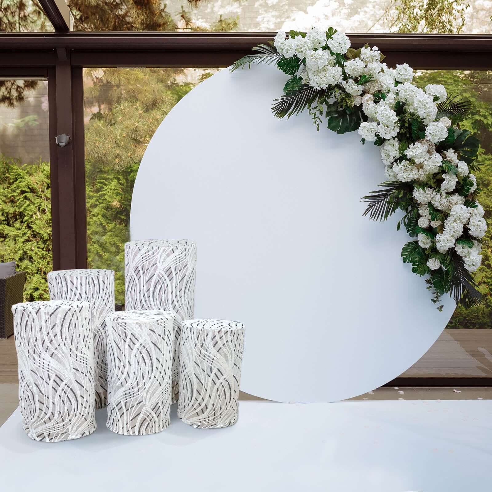 Hot Sale! Set of 5 Embroidered Sequin White Wave Mesh Cylinder Pedestal Stand Covers
