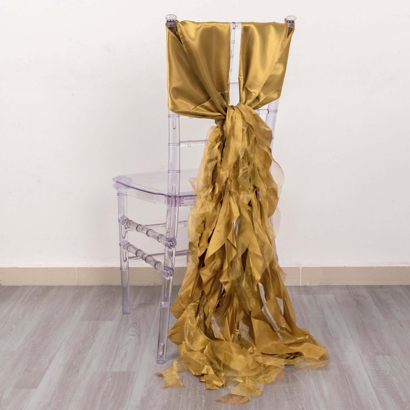 5-Pack Gold Chiffon Satin Curly Willow Chair Sashes - Easy Install, Ideal for Weddings