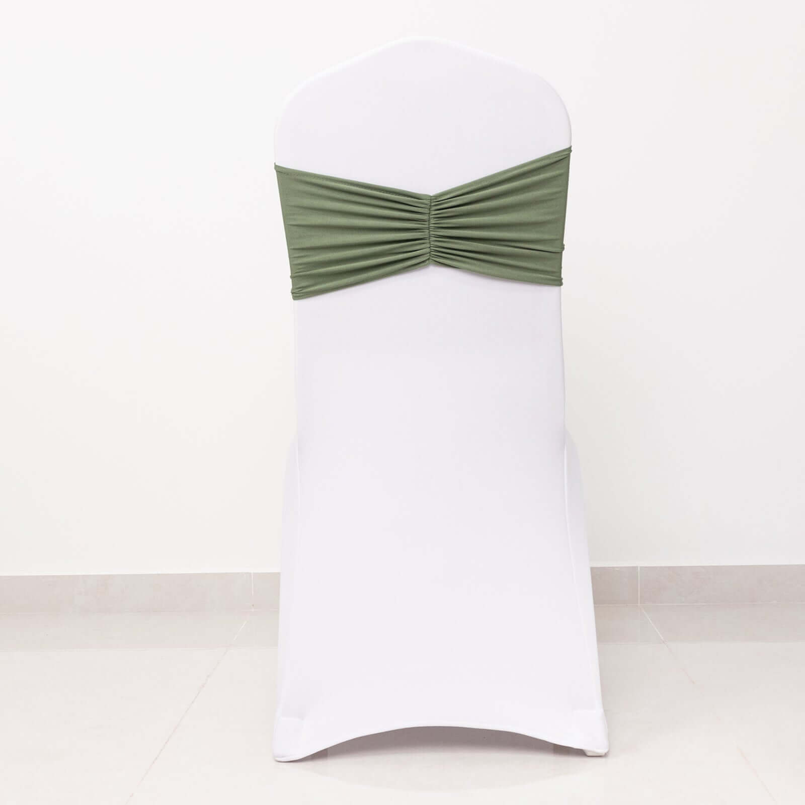 5-Piece Set of Dusty Sage Green Ruffled Spandex Chair Sashes - Wide Stretch Bands, Easy to Use