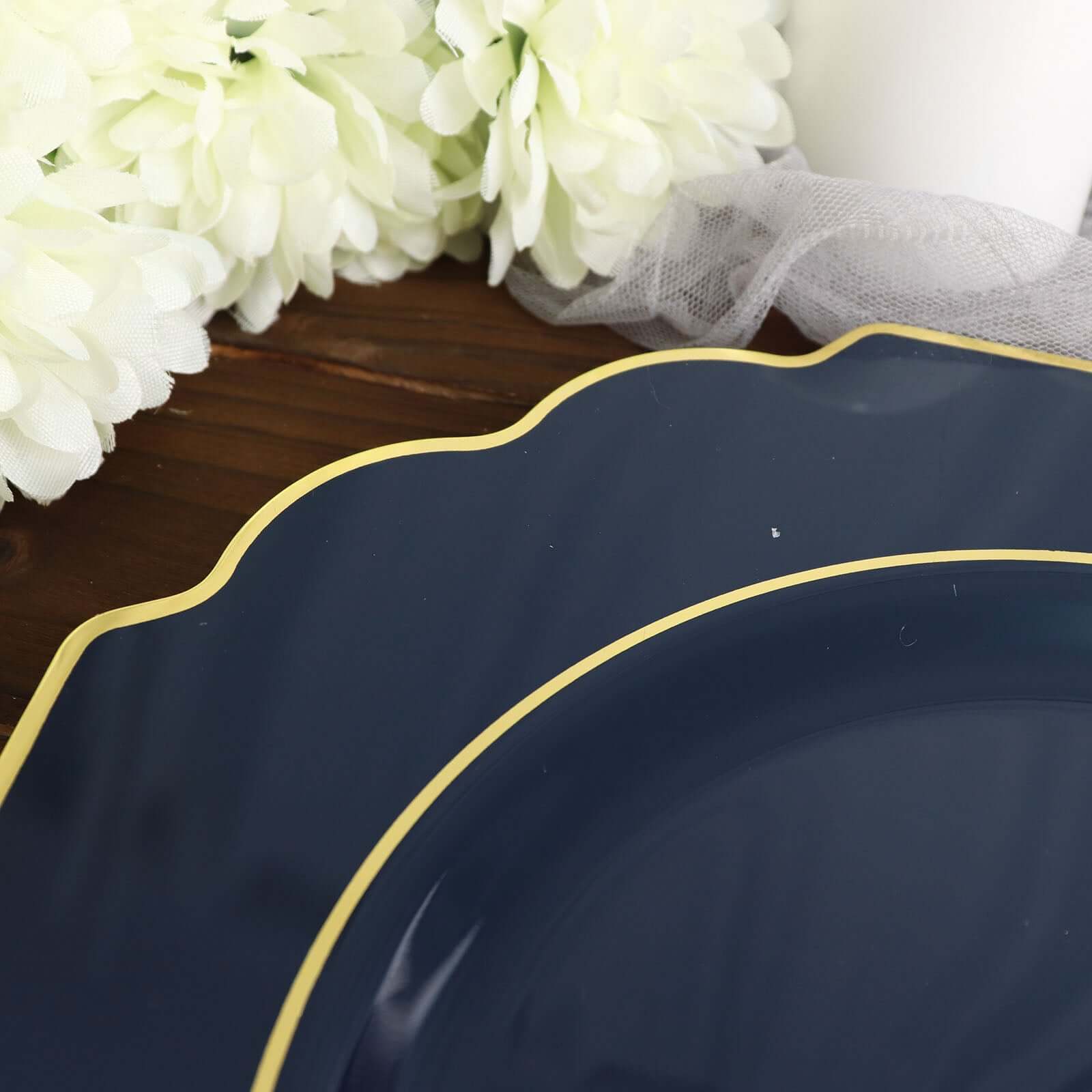 Hot Deal! 10-Pack 8" Navy Blue Disposable Baroque Salad Plates with Gold Rim