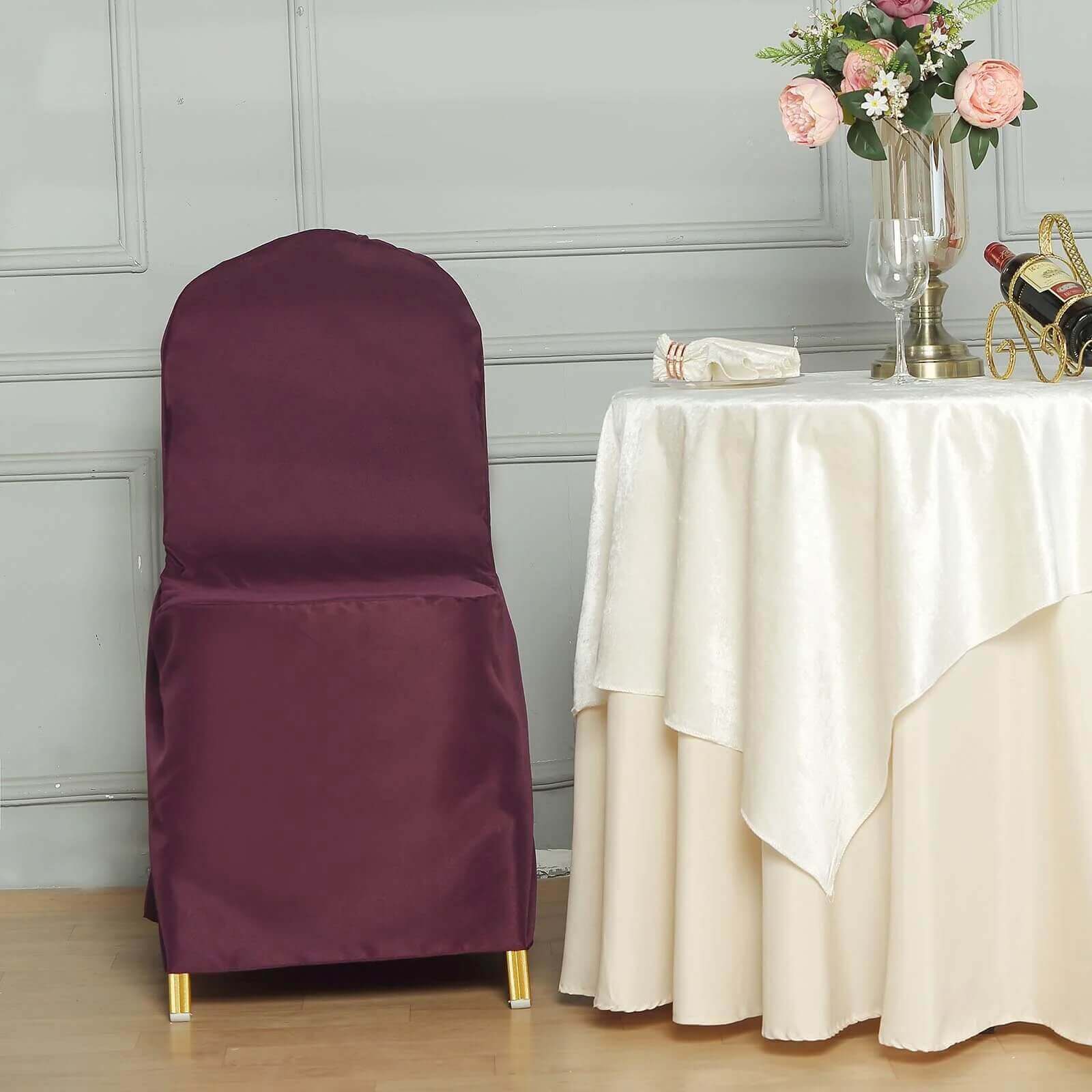10-Pack Burgundy Polyester Chair Covers for Banquet Chairs - Stain-Resistant & Reusable