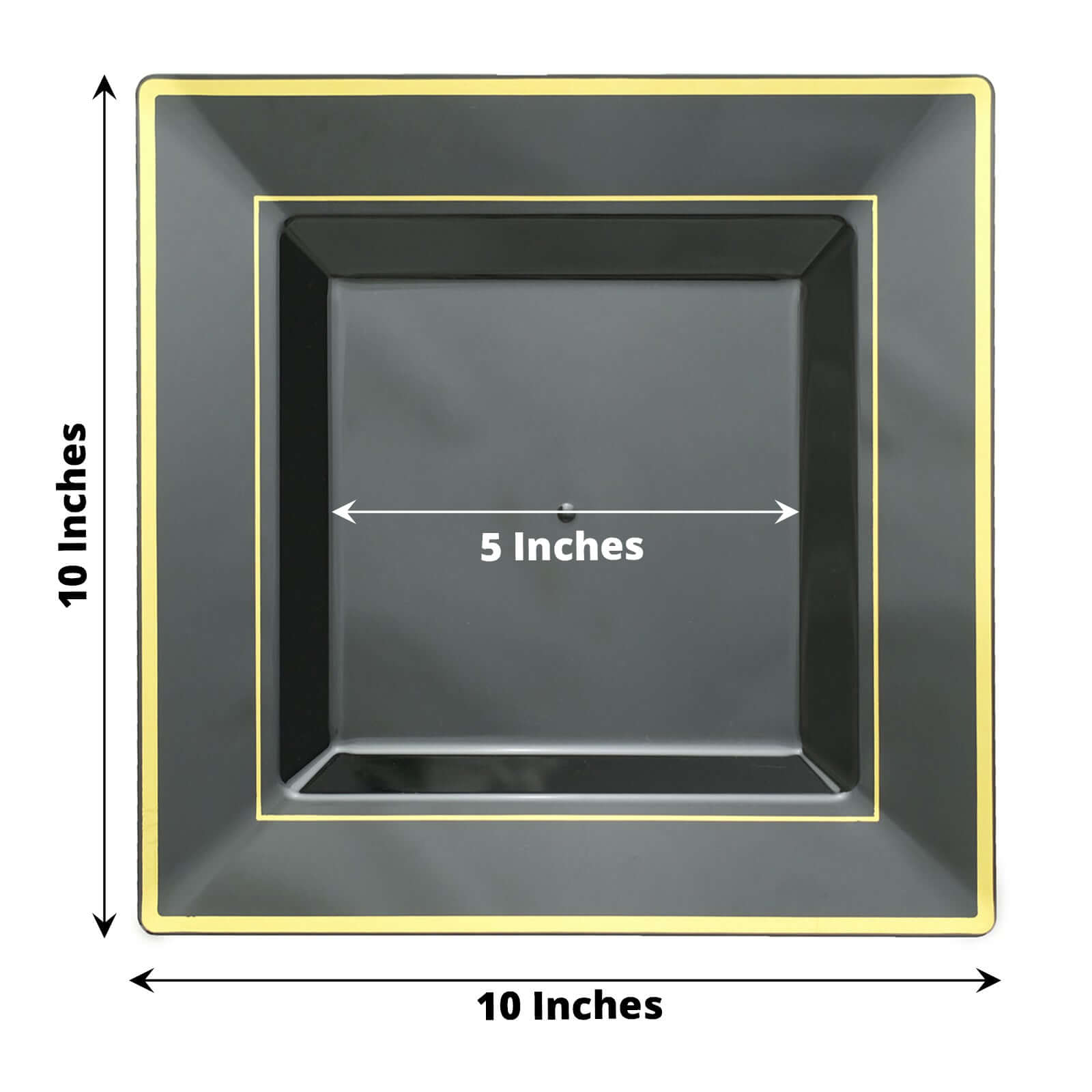 10-Piece Set of Lightweight Disposable Black Square Dinner Plates with Gold Trim