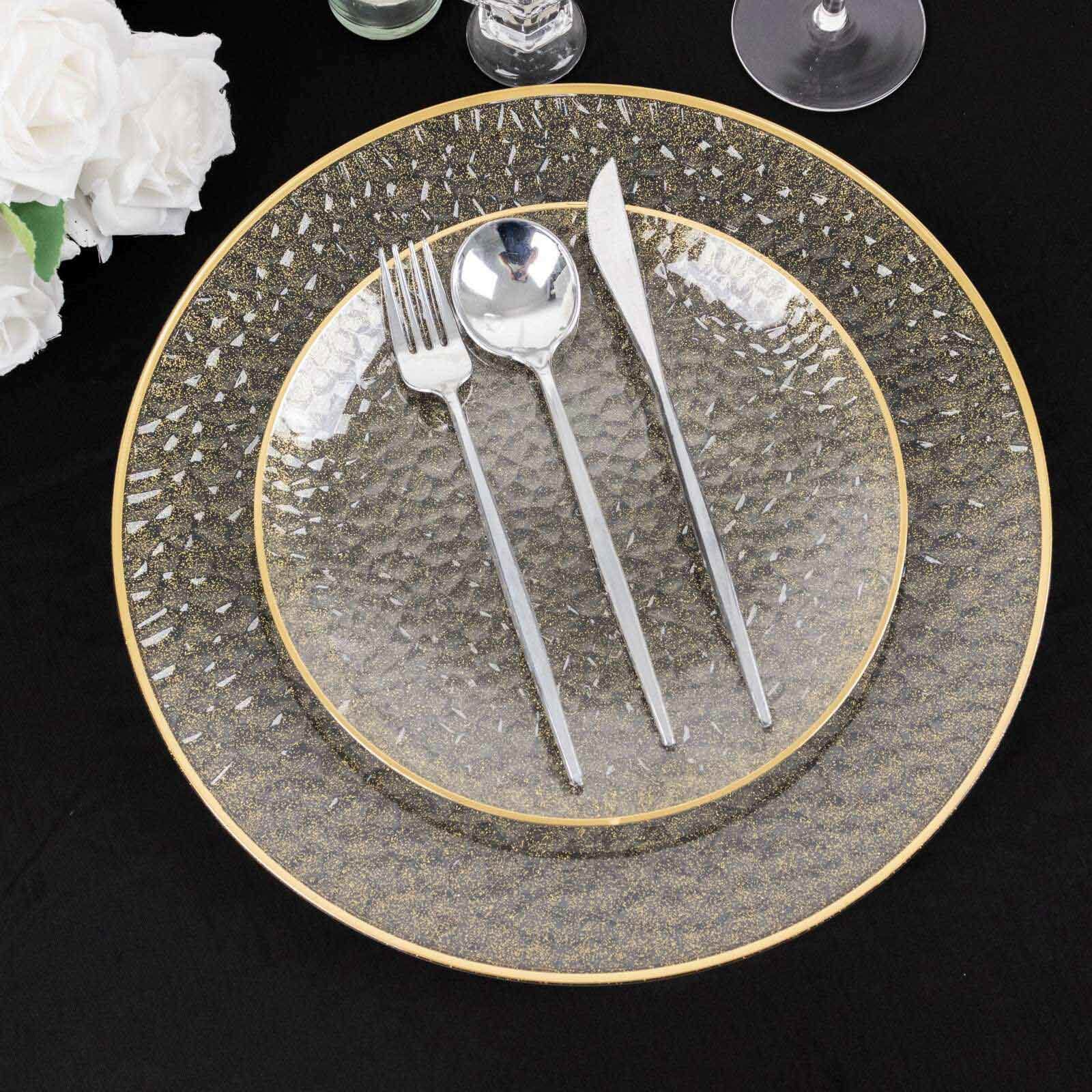 10-Pack Clear Plastic Dessert Plates with Gold Glitter Hammered Design and Rim - Disposable for Events