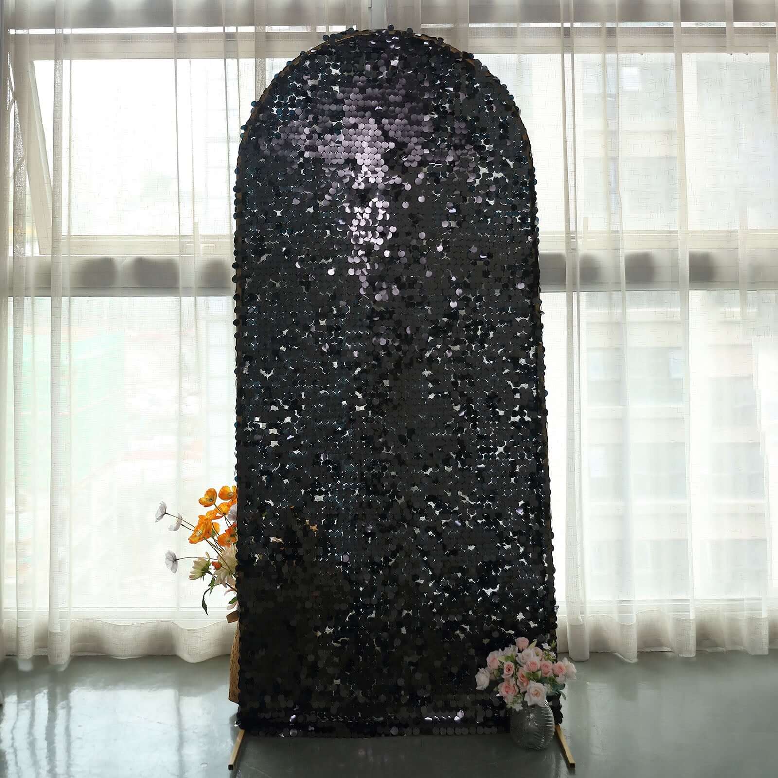 Hot Sale! 6ft Double-Sided Sparkly Black Payette Sequin Cover for Round Top Wedding Arch