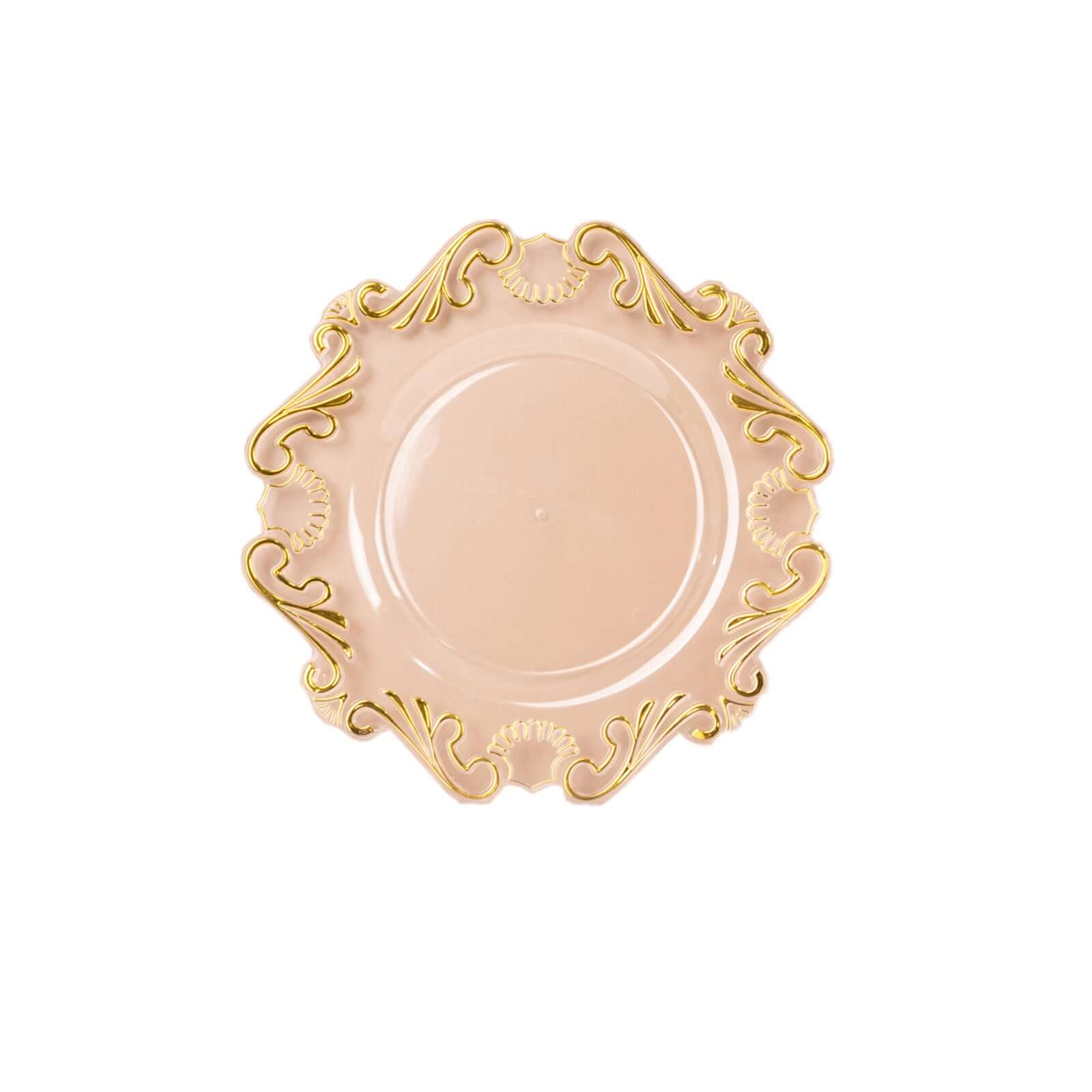10-Pack Clear Plastic Round Dinner Plates with Gold Vintage Baroque Scalloped Rim - Ideal for Parties