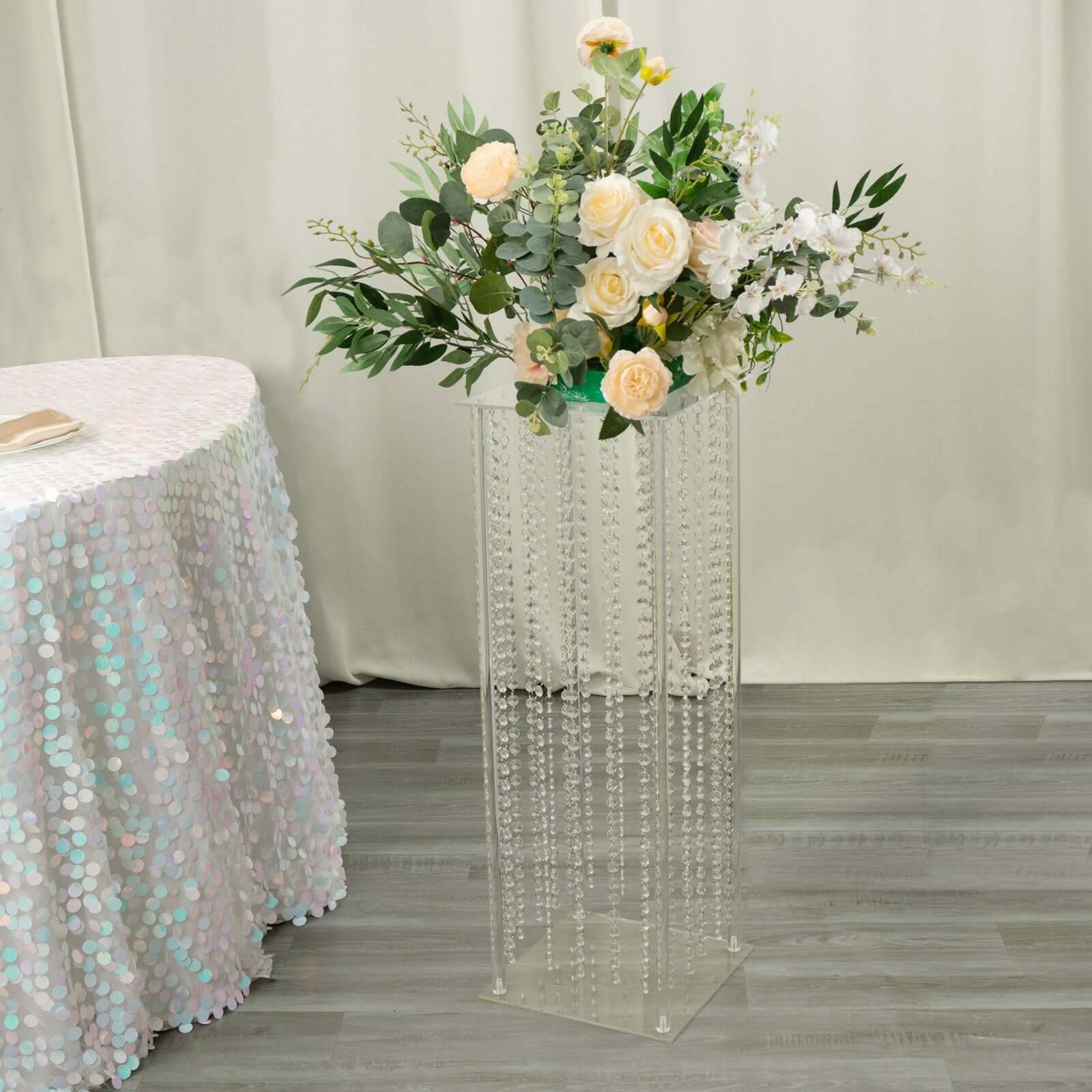 Clear Acrylic Flower Pedestal Vase with Crystal Beads - Elegant 40" Wedding Floor Centerpiece