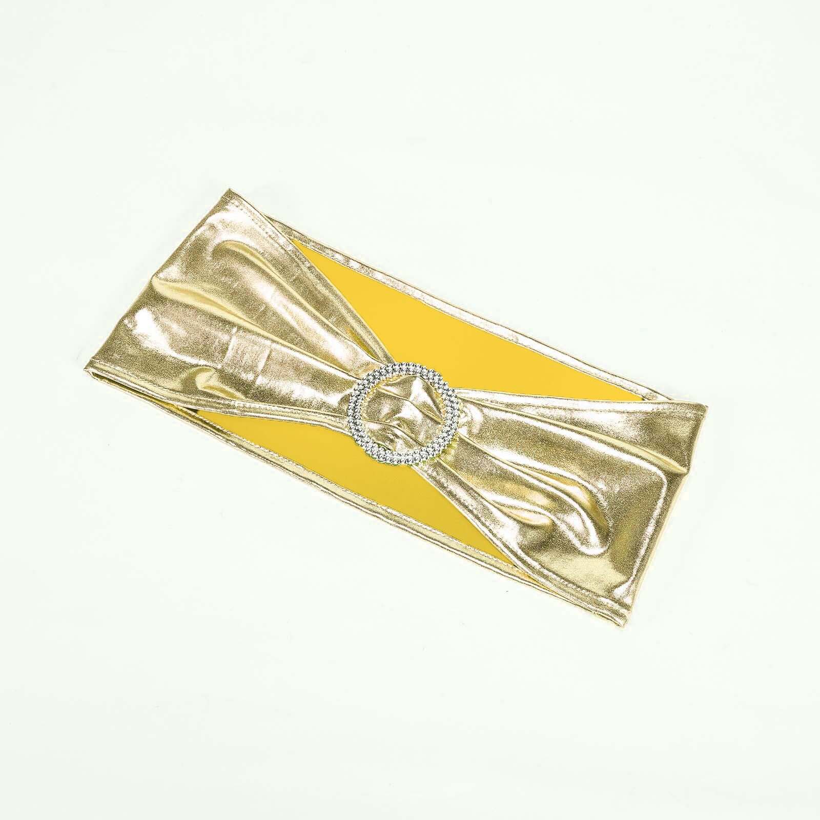 5-Pack Champagne Metallic Spandex Chair Sashes with Round Diamond Buckles - Stretch Fit!