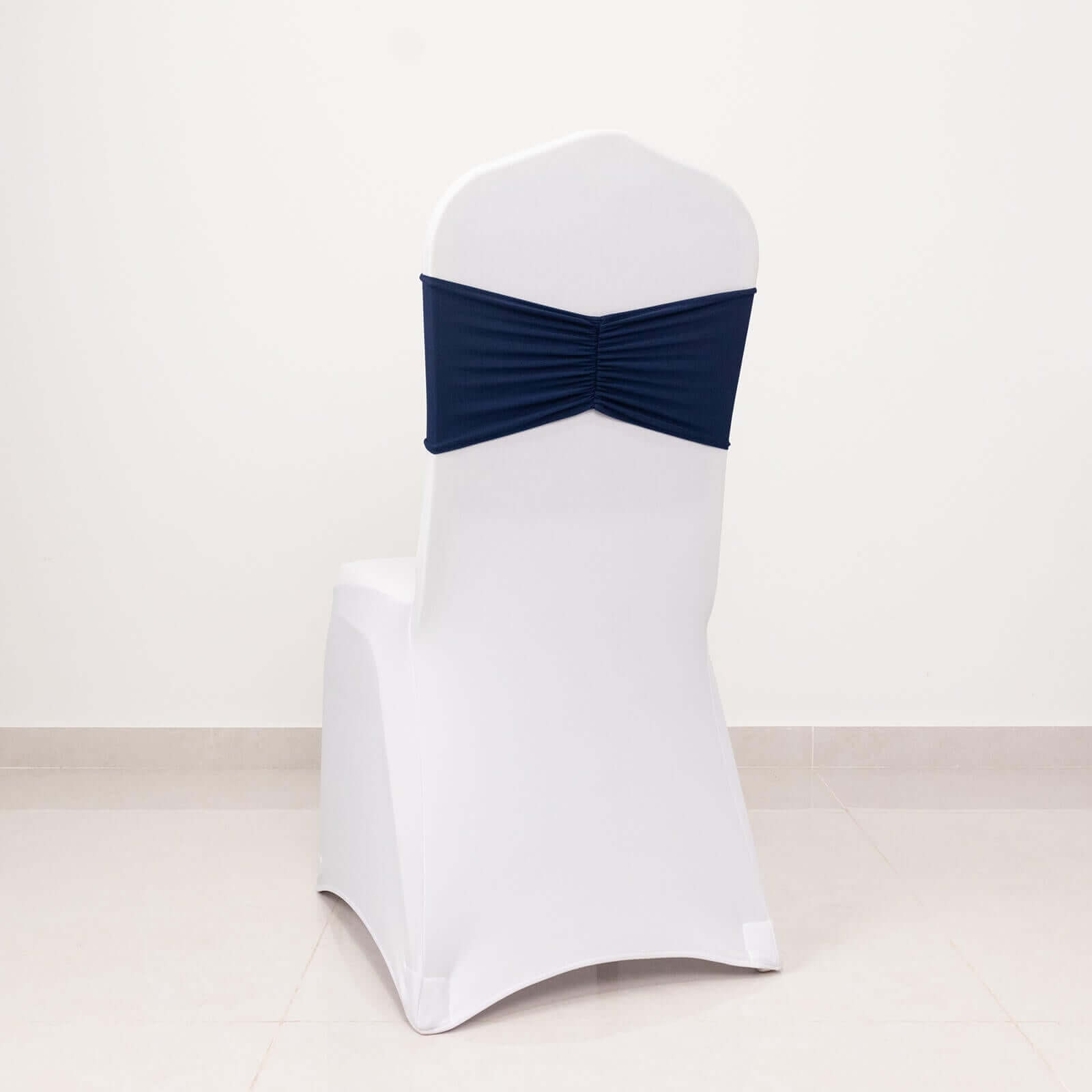 Navy Blue Ruffled Spandex Chair Sashes - 5 Pack, 8x13 Wide Stretch Bands