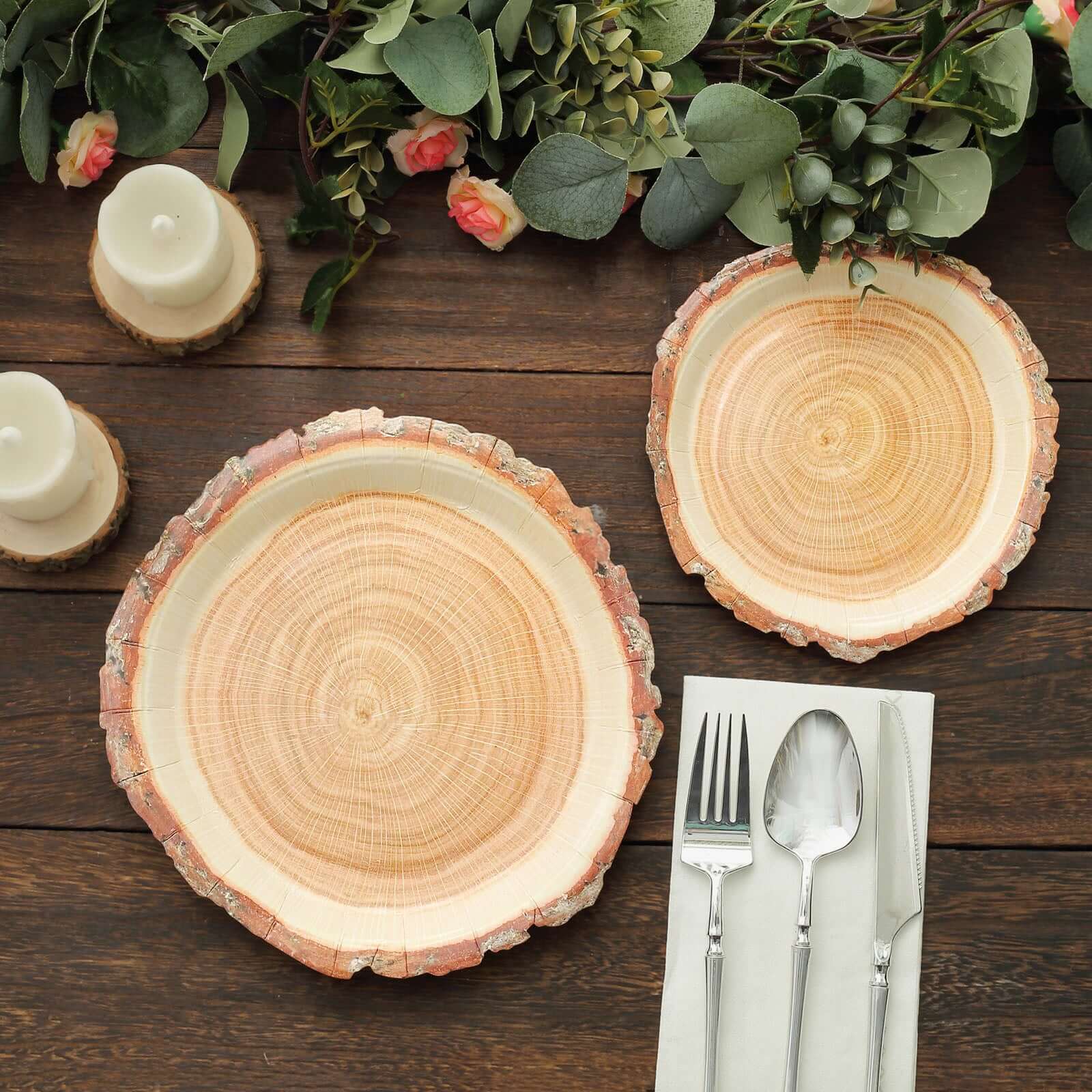 Get 25-Piece Set of Disposable Round Dinner Paper Plates with Rustic Natural Wood Slice Print