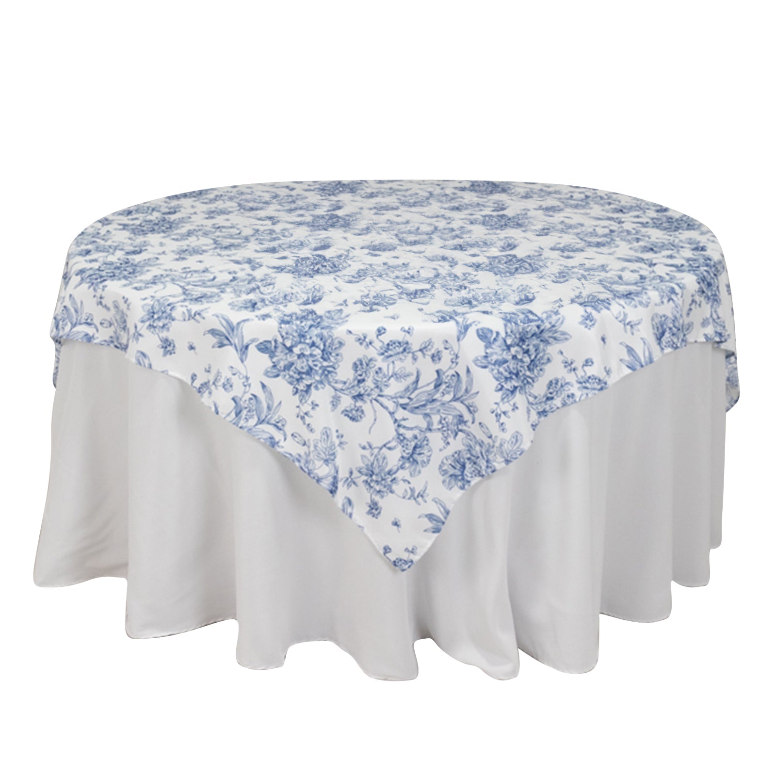 Stylish 70x70 Polyester Table Overlay in White - Blue French Toile Pattern for Events