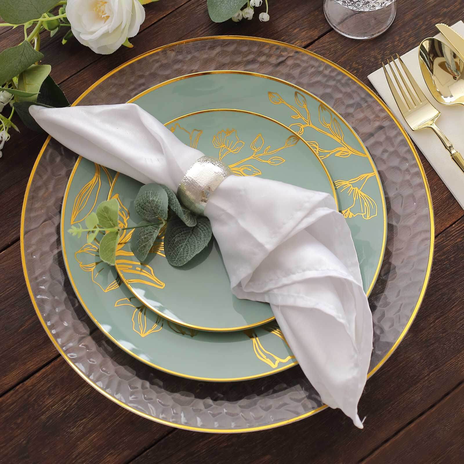 20-Piece Set of Disposable Plastic Dinner and Dessert Plates in Dusty Sage Green with Gold Floral Design