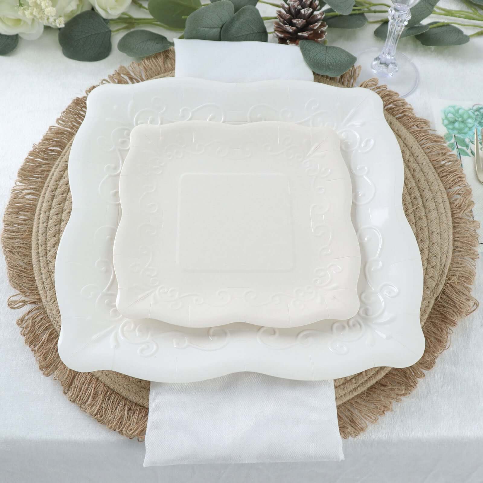 25-Pack Disposable White Square Dinner Plates with Vintage Pottery Embossed Design - Great Value!