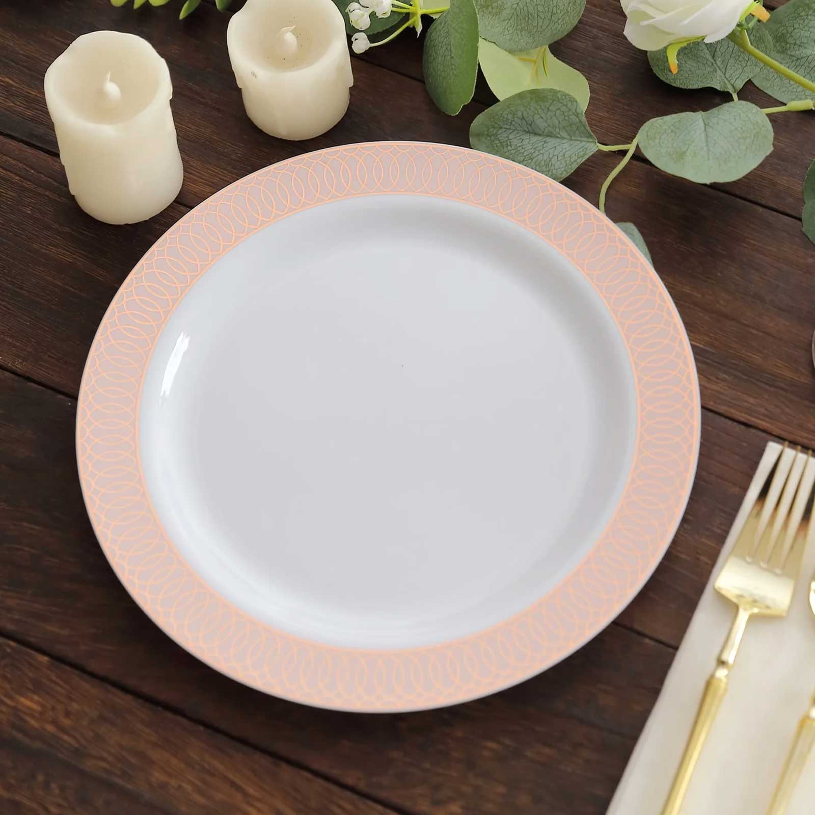 10-Piece Set of White Plastic Round Dinner Plates with Blush Rose Gold Spiral Rim for Parties