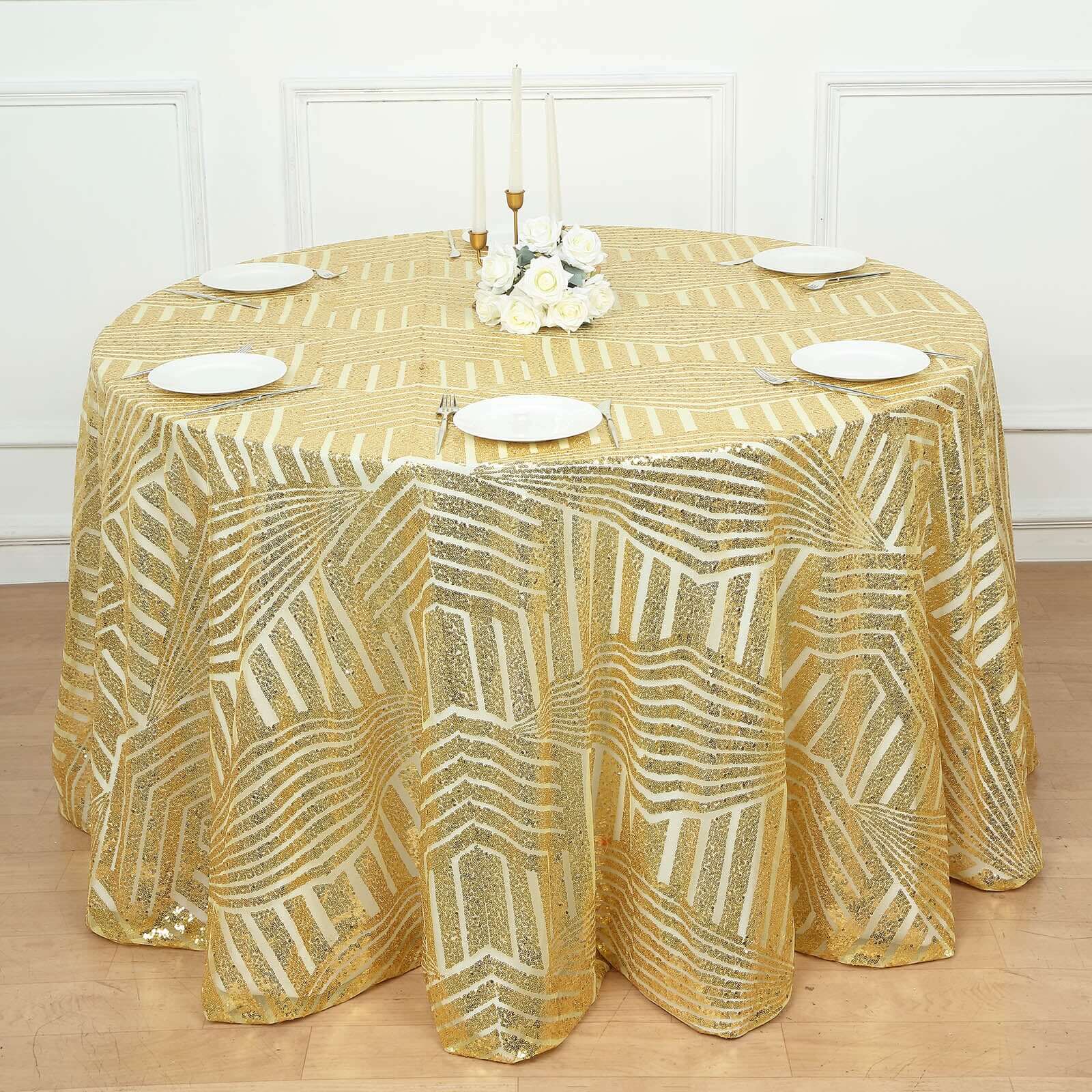 Gold Sequin 120 Round Tablecloth - Glam Seamless Diamond Design for Special Events