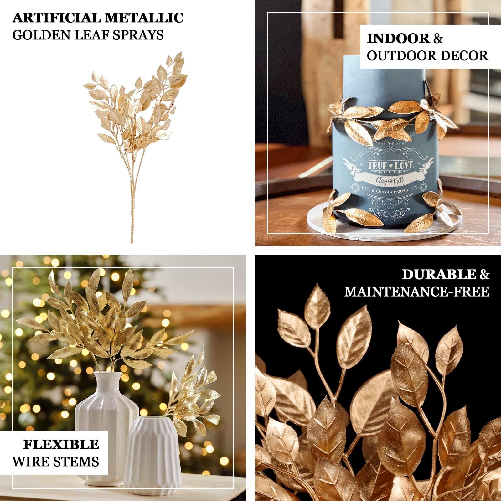 4-Piece Metallic Gold Artificial Italian Ruscus Leaf Branches for Stunning Tablescapes and Floral Decor