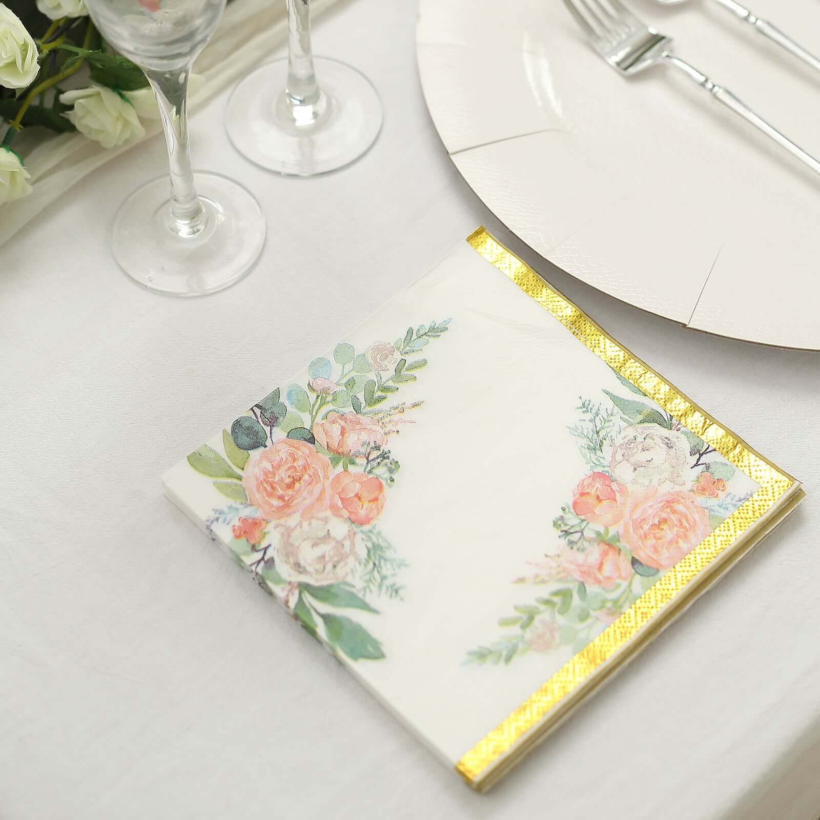 20-Pack 18GSM 2-Ply Pink Peony Floral Gold Trimmed White Paper Cocktail Napkins for Weddings - Hot Sale