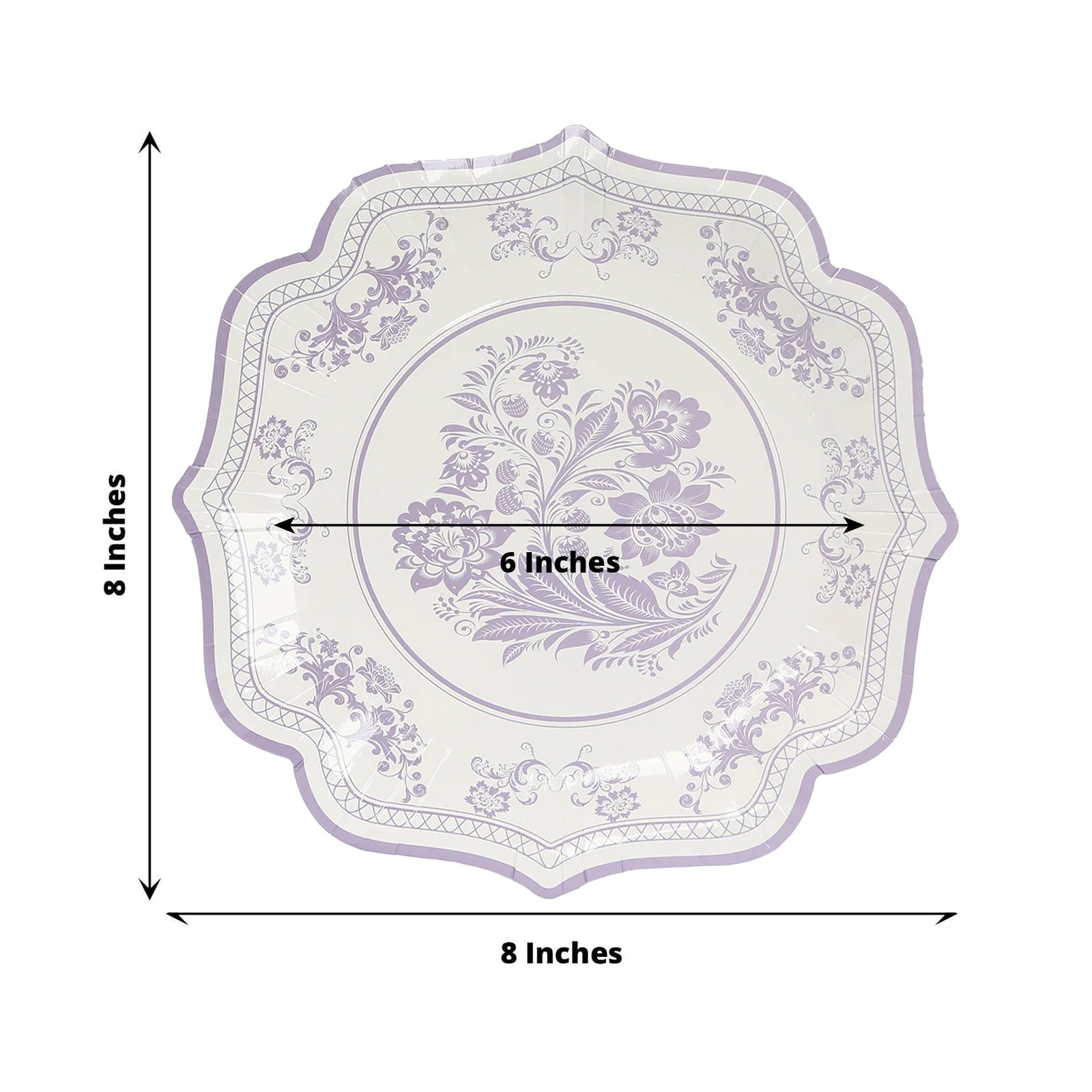 Hot Deal! 25-Pack White & Lavender Lilac Damask Floral Scallop Rim Disposable Paper Dessert Plates (8.5')